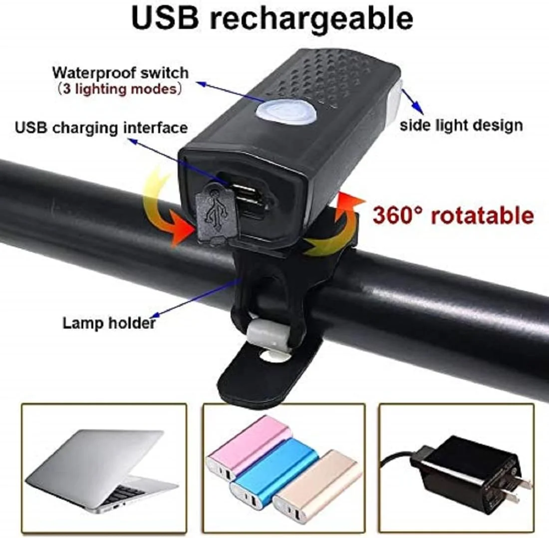 ست چراغ دوچرخه شارژی USB ضد آب ShreNik، شامل چراغ جلوی LED با 300 لومن و چراغ عقب قرمز با 4 حالت چشمک زن مختلف