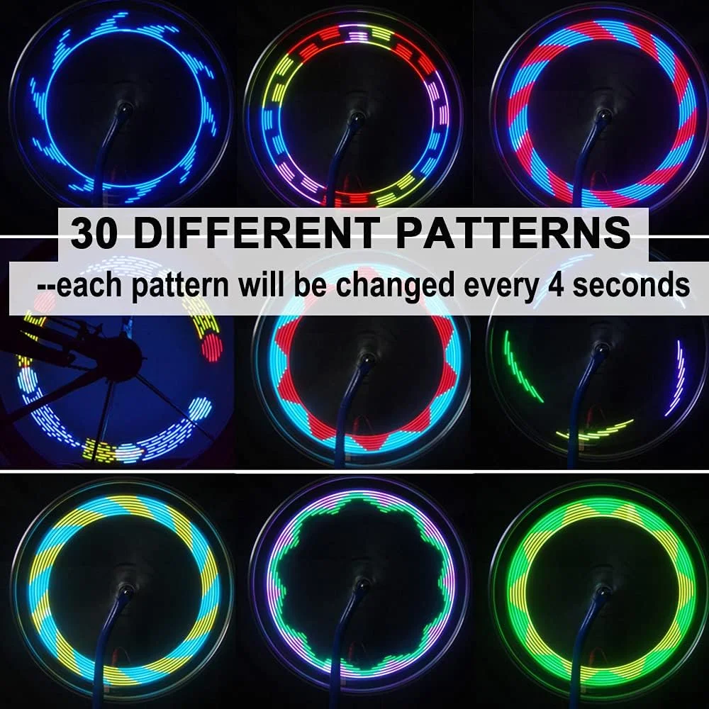 چراغ چرخ دوچرخه LED شارژی Solhice، چراغ پره دوچرخه ضد آب، 30 طرح برای کودکان و بزرگسالان، مناسب برای شب‌گردی