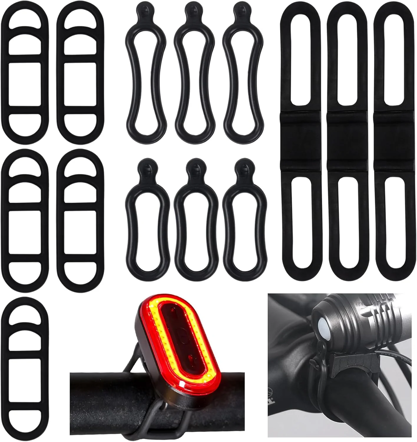بسته 14 عددی حلقه های لاستیکی کششی دوچرخه، سایزهای مختلف، بند سیلیکونی چراغ دوچرخه، بند لاستیکی دوچرخه، نگهدارنده بند لاستیکی چراغ قوه، چراغ ال ای دی دوچرخه