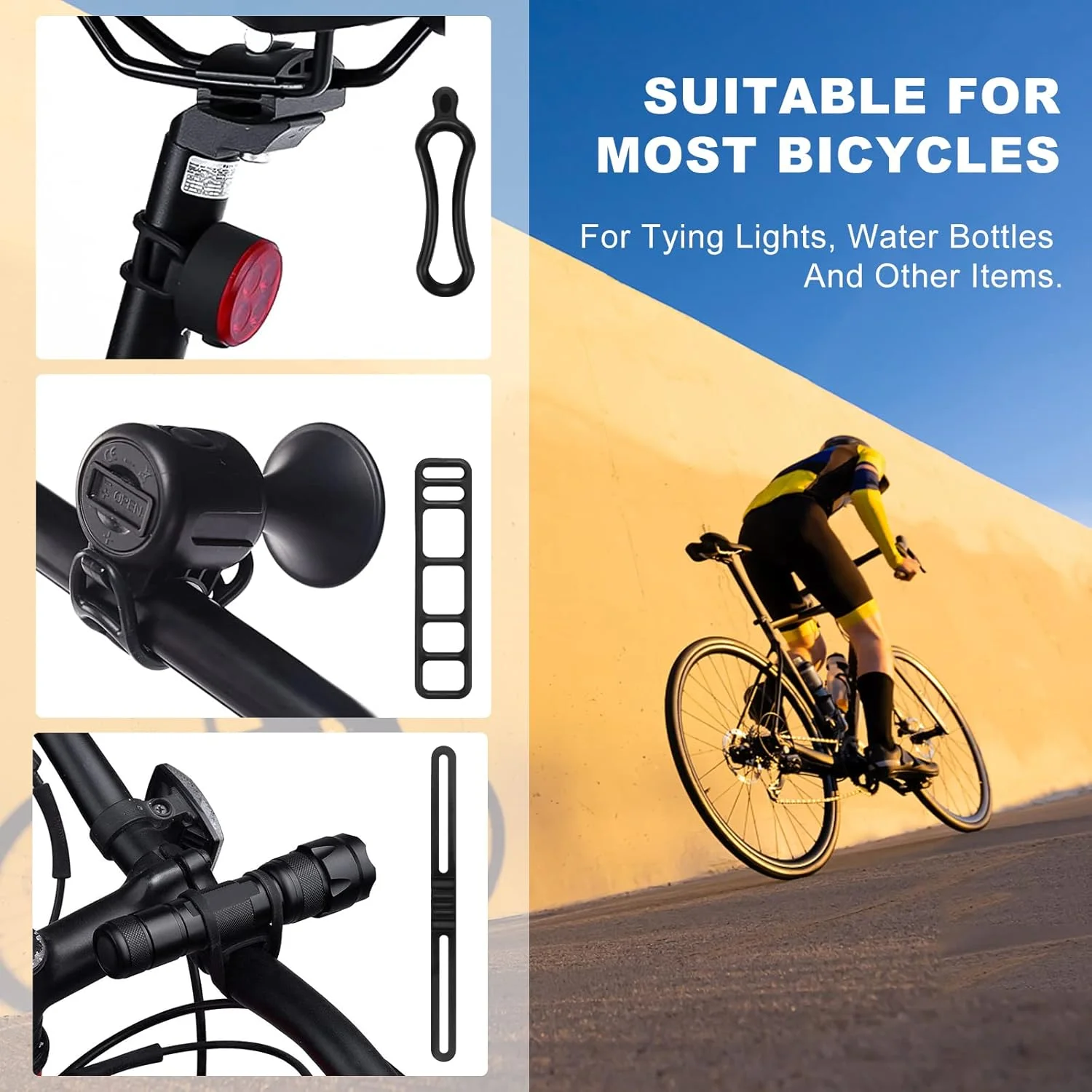 10 عدد بند بست دوچرخه چند منظوره سیلیکونی، نگهدارنده چراغ قوه دوچرخه، بست کمربندی برای چراغ ها، تلفن های همراه، بلندگو، نگهدارنده چراغ، فرمان دوچرخه (3 مدل)