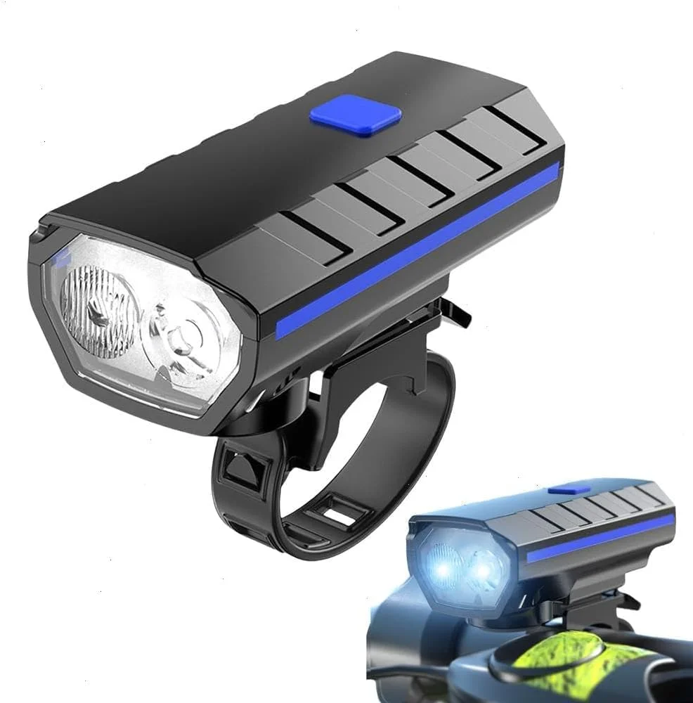 چراغ جلوی دوچرخه با بوق - چراغ دوچرخه قابل شارژ USB Type-C، پرتو فوق العاده روشن 300 لومن، چراغ جلوی ضد آب IPX5 با 4 حالت - چراغ ایمنی دوچرخه سواری جاده و کوهستان