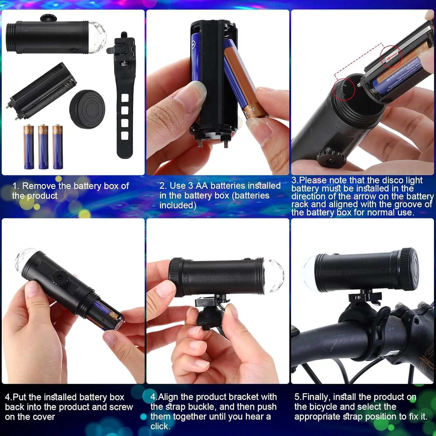 چراغ ال ای دی دوچرخه مهمانی دیسکو، چراغ اسکوتر دیسکو، چراغ های سه رنگ دوچرخه، لوازم جانبی سرگرم کننده دوچرخه سواری چشمک زن و چرخشی، هدیه کریسمس، شامل 3 عدد باتری AAA