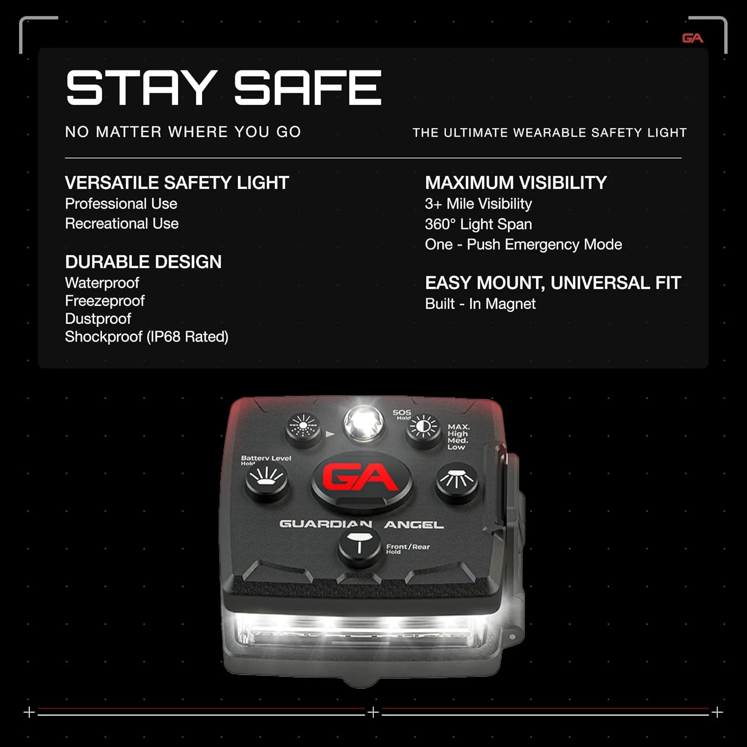 چراغ ایمنی سری میکرو Guardian Angel (سفید در جلو و قرمز در عقب) | چراغ قوه LED قابل شارژ، مغناطیسی و بدون نیاز به دست برای پیاده روی با سگ، دوچرخه سواری، کوهنوردی، کمپینگ و ماهیگیری