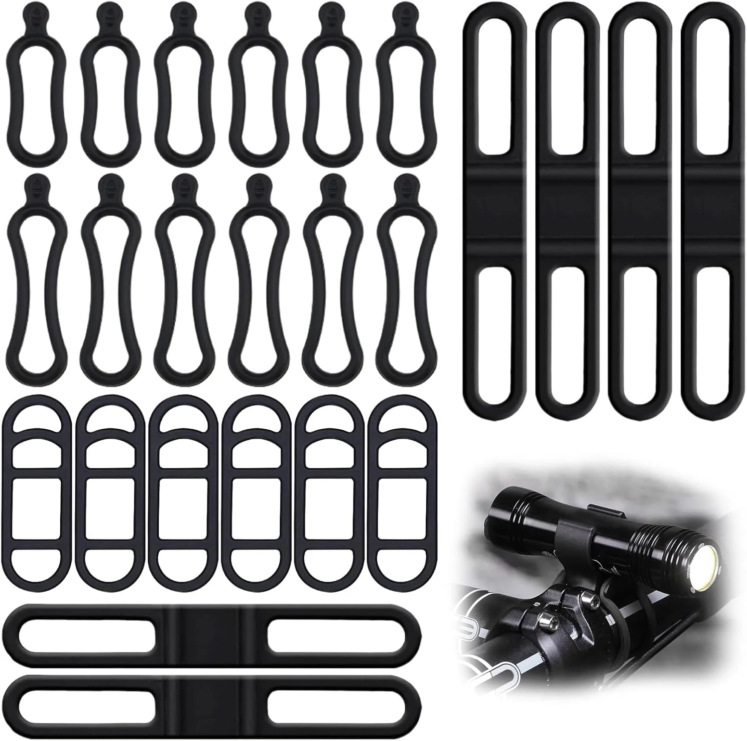 بسته 24 عددی حلقه های لاستیکی کششی دوچرخه، نگهدارنده بند لاستیکی چراغ دوچرخه، بند سیلیکونی دوچرخه برای دوچرخه کوهستان، دوچرخه جاده، 4 مدل