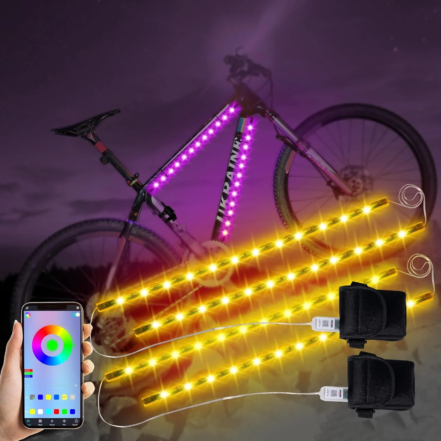 دو مجموعه چراغ ال ای دی دوچرخه 15.6 اینچی برای شب سواری، 47 حالت چشمک زن چراغ های هوشمند رنگارنگ دوچرخه با جعبه باتری، لوازم جانبی چراغ دوچرخه ایمنی و شیک