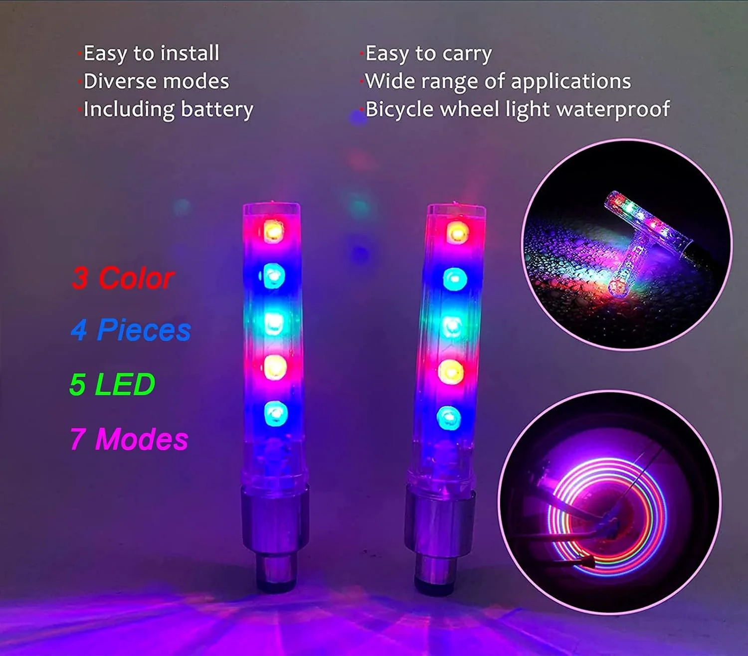 چراغ چرخ دوچرخه LED اکسفور - بسته 4 عددی درپوش والف لاستیک دوچرخه - چراغ های فلش پره تایر ضد آب - لوازم جانبی بازتابنده خنک برای کودکان، مردان و زنان (رنگی-L)