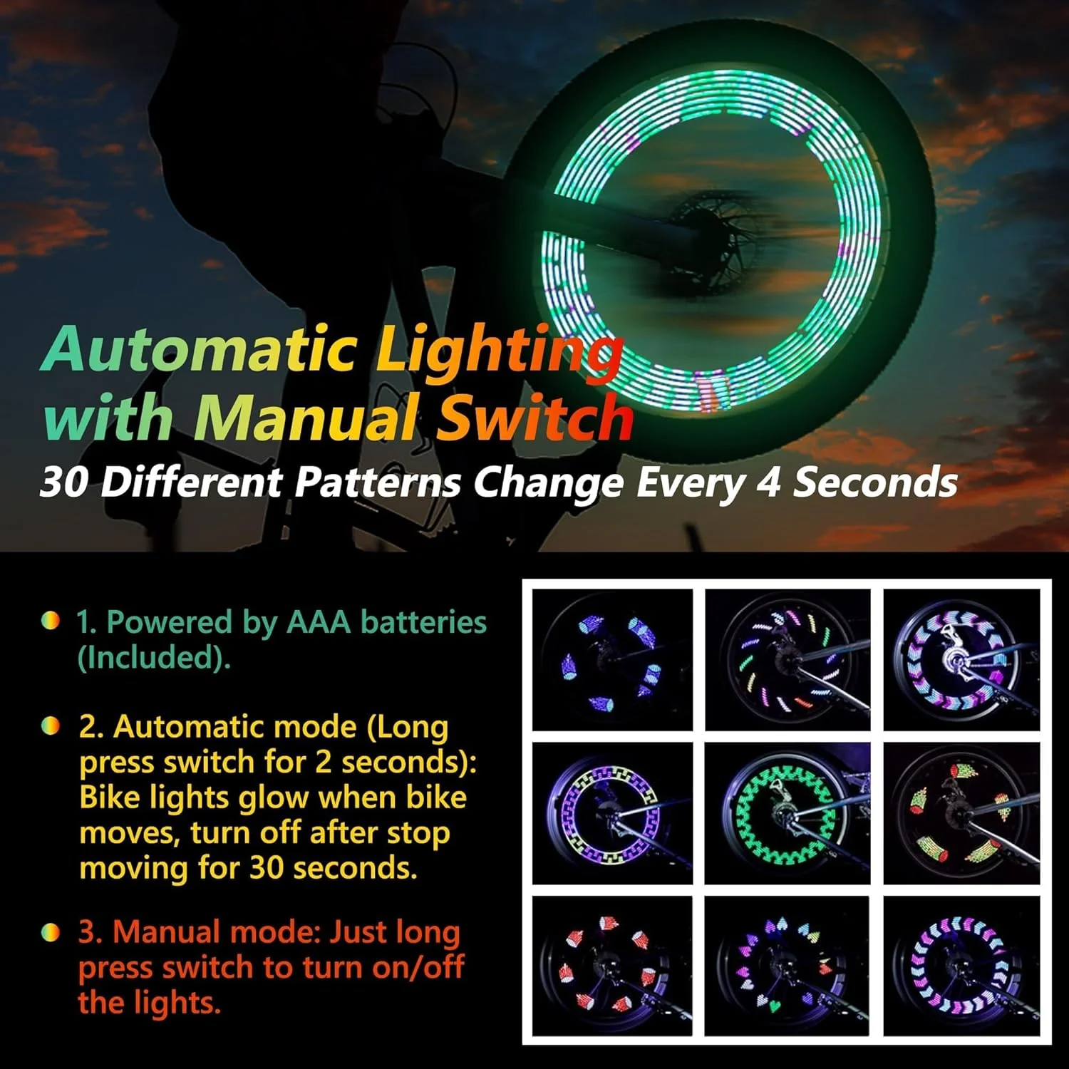 چراغ چرخ دوچرخه LED داوی مدل A12 - چراغ تایر دوچرخه ضد آب و جذاب، چراغ پره ایمنی برای کودکان، پسران، دختران، مردان و زنان، 30 طرح سرگرم کننده و روشن، سوئیچ دوگانه خودکار و دستی، همراه با باتری