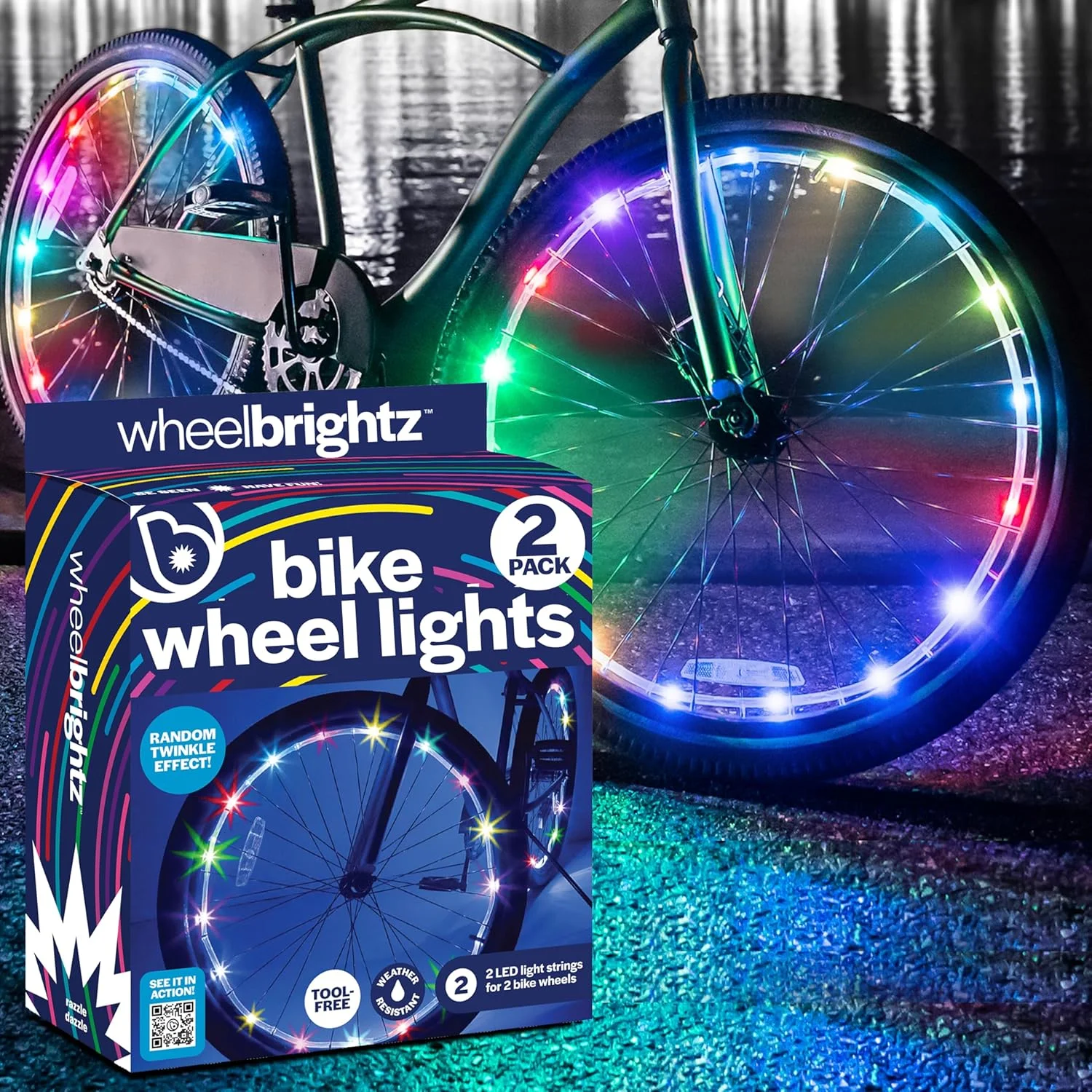 چراغ چرخ دوچرخه ال ای دی Brightz WheelBrightz - نسخه 2024 با بست های برتر و محافظ ضد آب ال ای دی! 14 رنگ - دوام بی نظیر، دید عالی و بیش از 48 ساعت نورپردازی خیره کننده
