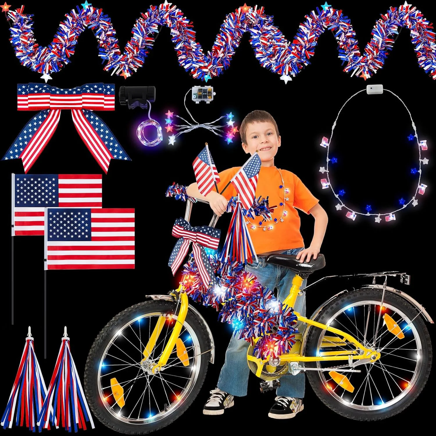 ست تزئین دوچرخه برای جشن چهارم جولای، شامل چراغ LED چرخ دوچرخه، روبان، پاپیون، پرچم آمریکا، ریسه براق و گردنبند ستاره‌ای برای جشن و مهمانی