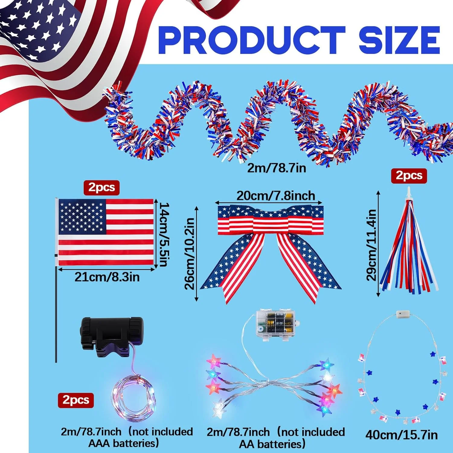 ست تزئین دوچرخه برای جشن چهارم جولای، شامل چراغ LED چرخ دوچرخه، روبان، پاپیون، پرچم آمریکا، ریسه براق و گردنبند ستاره‌ای برای جشن و مهمانی