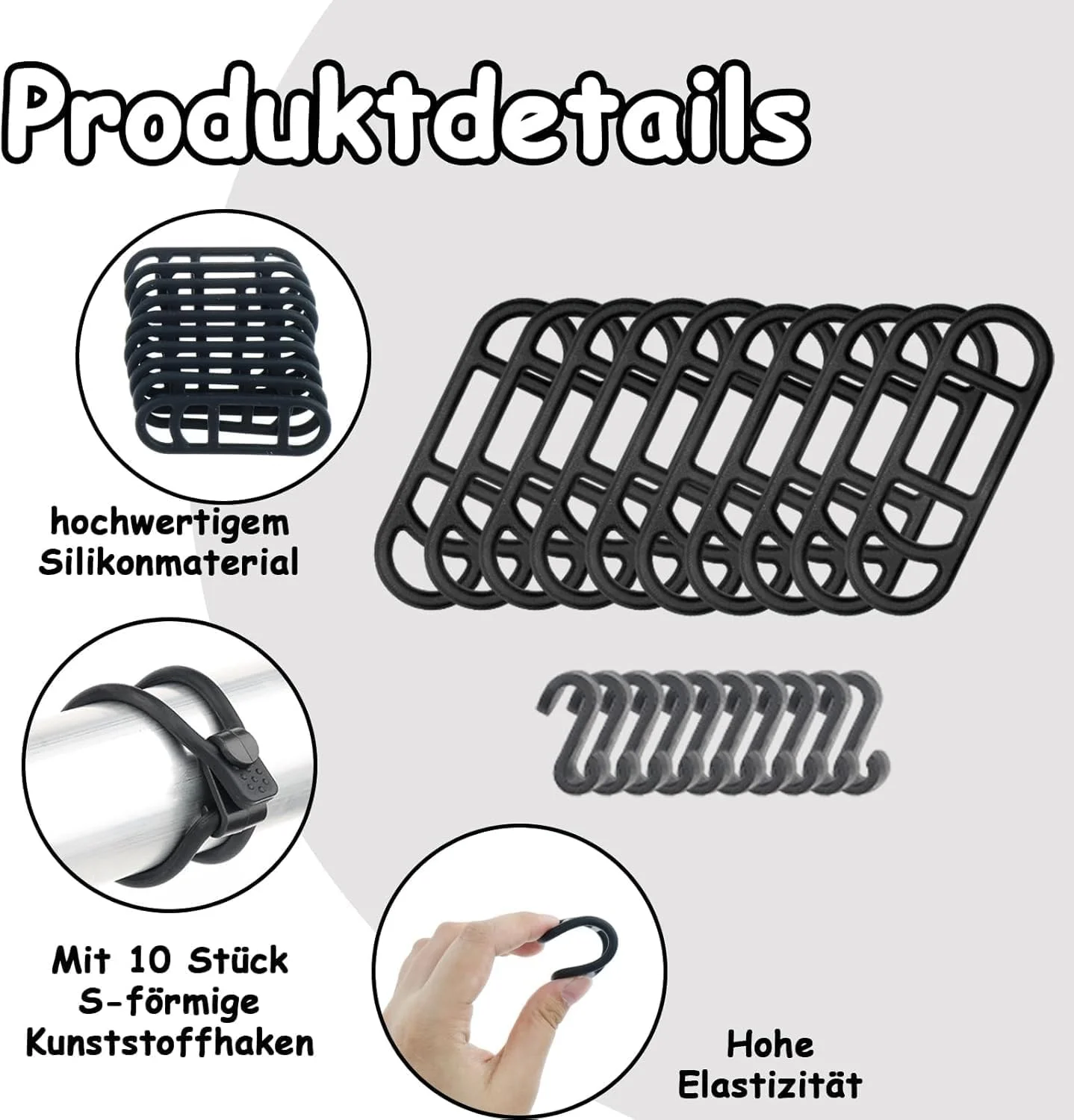 بند سیلیکونی دوچرخه، 10 عدد نگهدارنده چراغ قوه دوچرخه، پایه چراغ دوچرخه به همراه 10 عدد قلاب S شکل برای چراغ دوچرخه، چراغ قوه، کیلومتر شمار (مشکی)