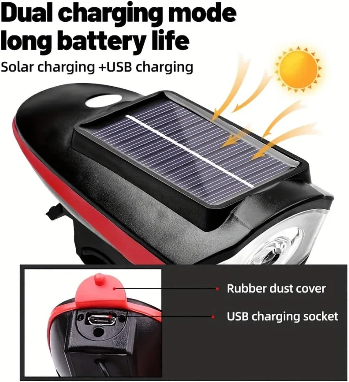 چراغ دوچرخه ارتقا یافته با بوق، چراغ های دوچرخه برای شب سواری، چراغ جلوی دوچرخه USB قابل شارژ و خورشیدی با 3 حالت روشنایی، چراغ دوچرخه ضد آب IPX4 برای دوچرخه جاده، دوچرخه کوهستان