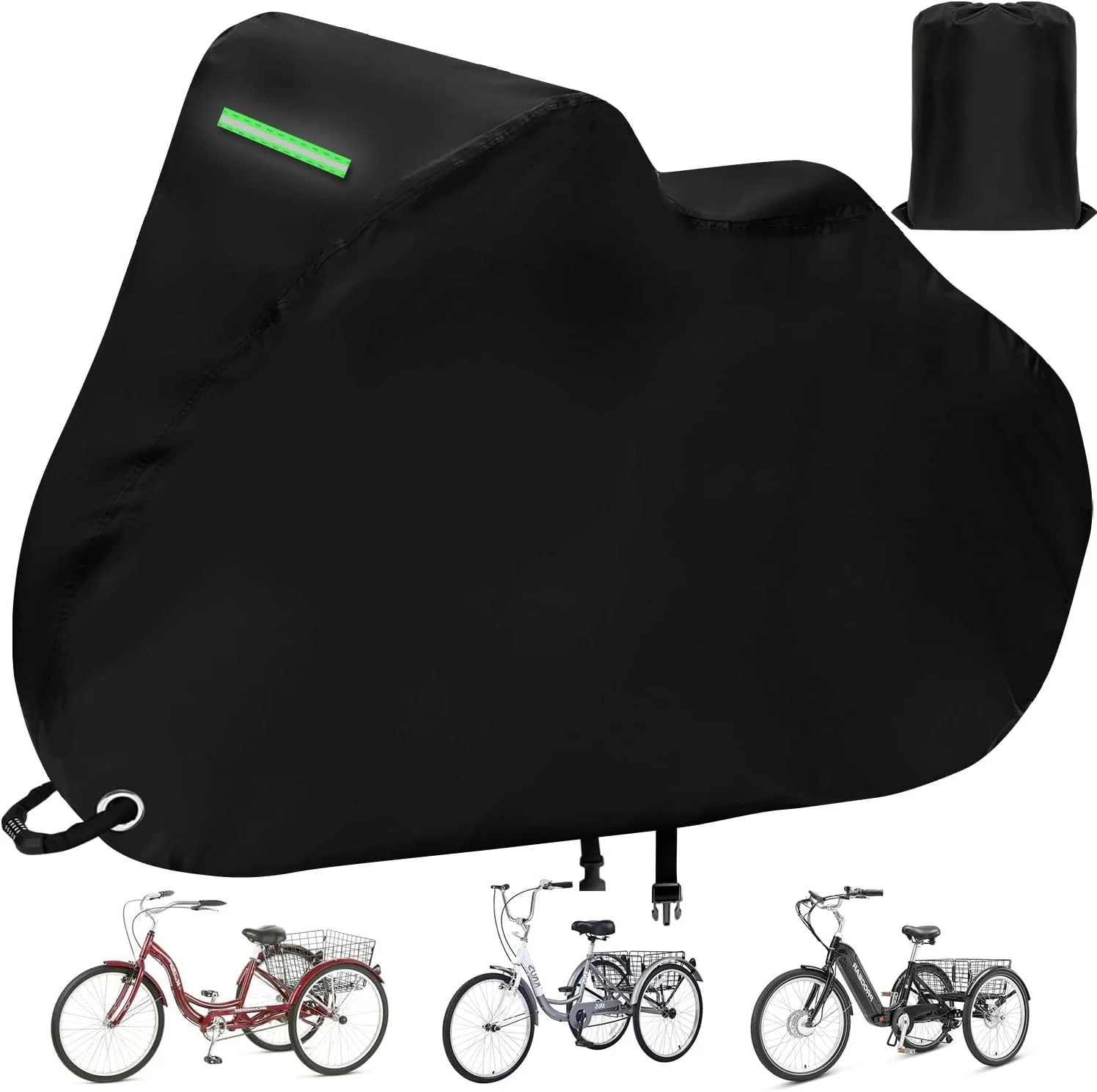 روکش سه‌چرخه بزرگسال ضدآب مناسب فضای باز، روکش سه‌چرخه، روکش نگهداری دوچرخه سه‌چرخه برقی برای دوچرخه بزرگسال، پارچه پلی استر 210D بادوام ضد اشعه ماوراء بنفش، دارای سگک، نوار بازتابنده - 75 طول × 30 عرض × 44 ارتفاع