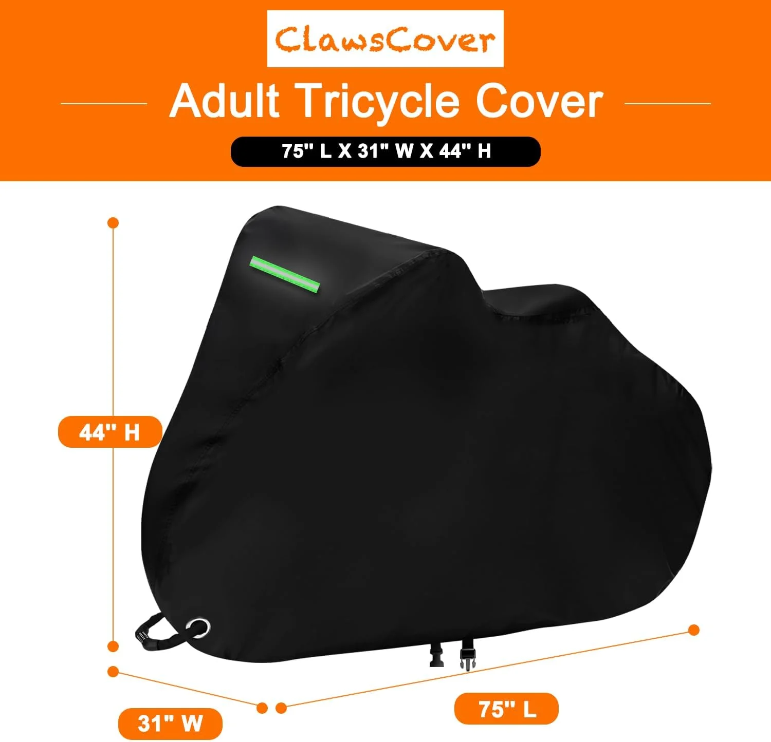 روکش سه‌چرخه بزرگسال ضدآب مناسب فضای باز، روکش سه‌چرخه، روکش نگهداری دوچرخه سه‌چرخه برقی برای دوچرخه بزرگسال، پارچه پلی استر 210D بادوام ضد اشعه ماوراء بنفش، دارای سگک، نوار بازتابنده - 75 طول × 30 عرض × 44 ارتفاع