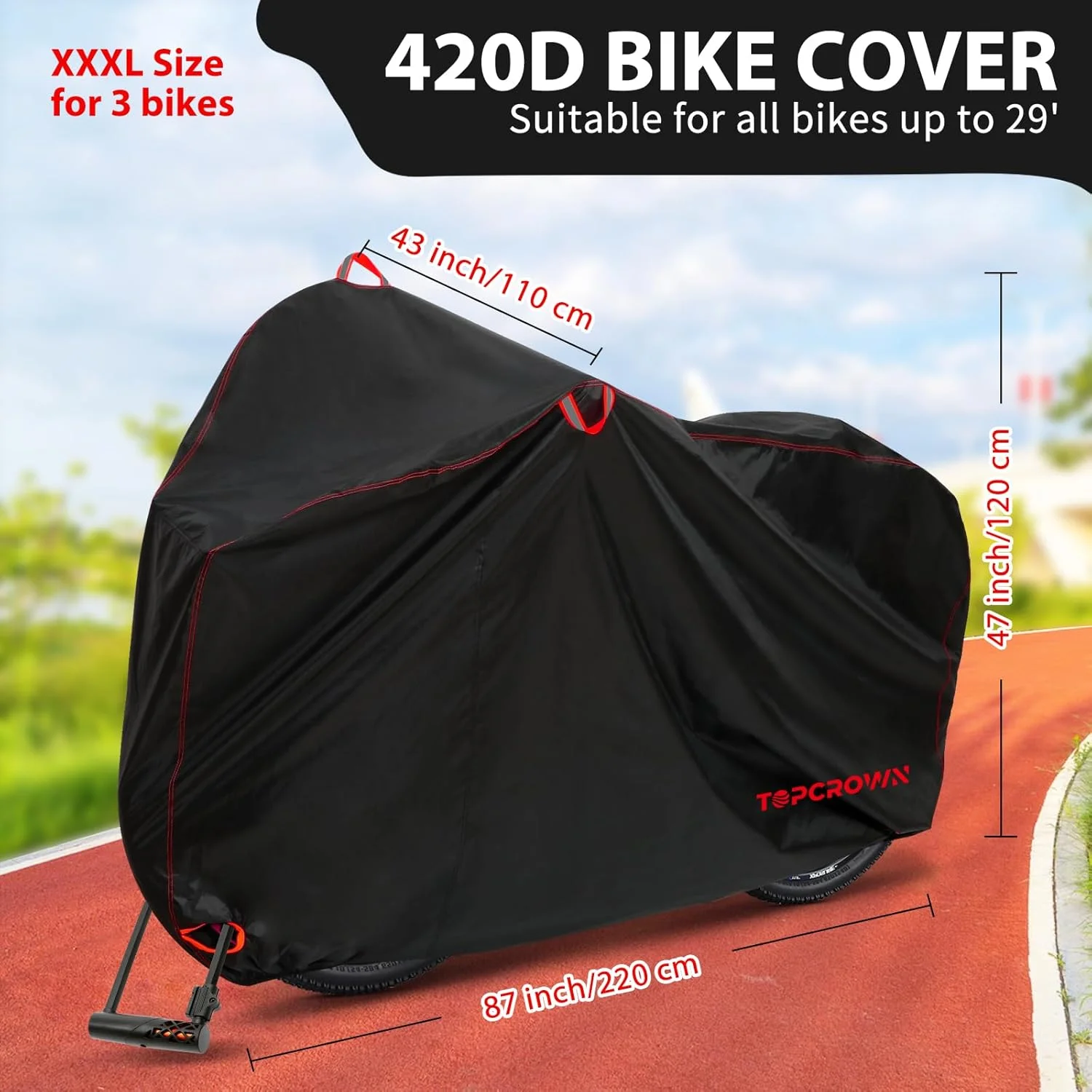 روکش ضد آب دوچرخه برای نگهداری در فضای باز مناسب برای 3 دوچرخه، روکش دوچرخه ضد باران، آفتاب، گرد و غبار و باد به همراه کیف نگهداری برای دوچرخه کوهستانی/جاده/دوچرخه برقی (مشکی+قرمز 420D، سایز XXXL مناسب برای 3 دوچرخه)