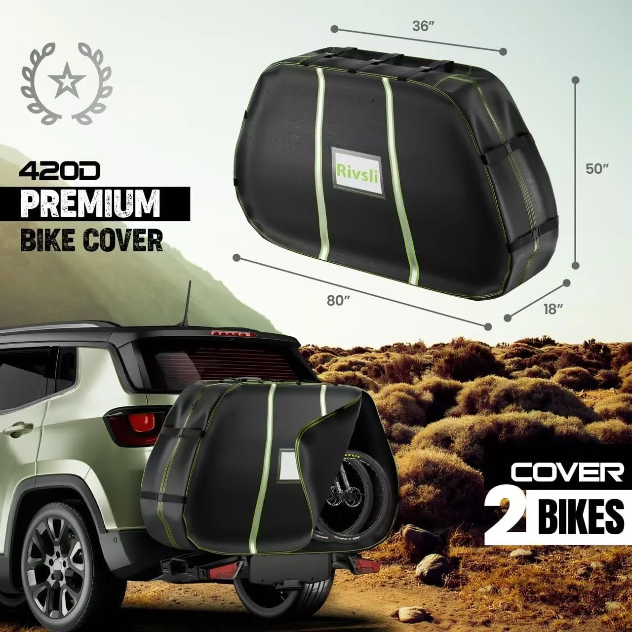 روکش دوچرخه برای حمل و نقل 2 دوچرخه، روکش ضد آب برای نگهداری دوچرخه در فضای باز برای 2 دوچرخه روی باربند عقب، روکش های دوچرخه برقی سنگین 420D با نوارهای بازتابنده، پنجره پلاک