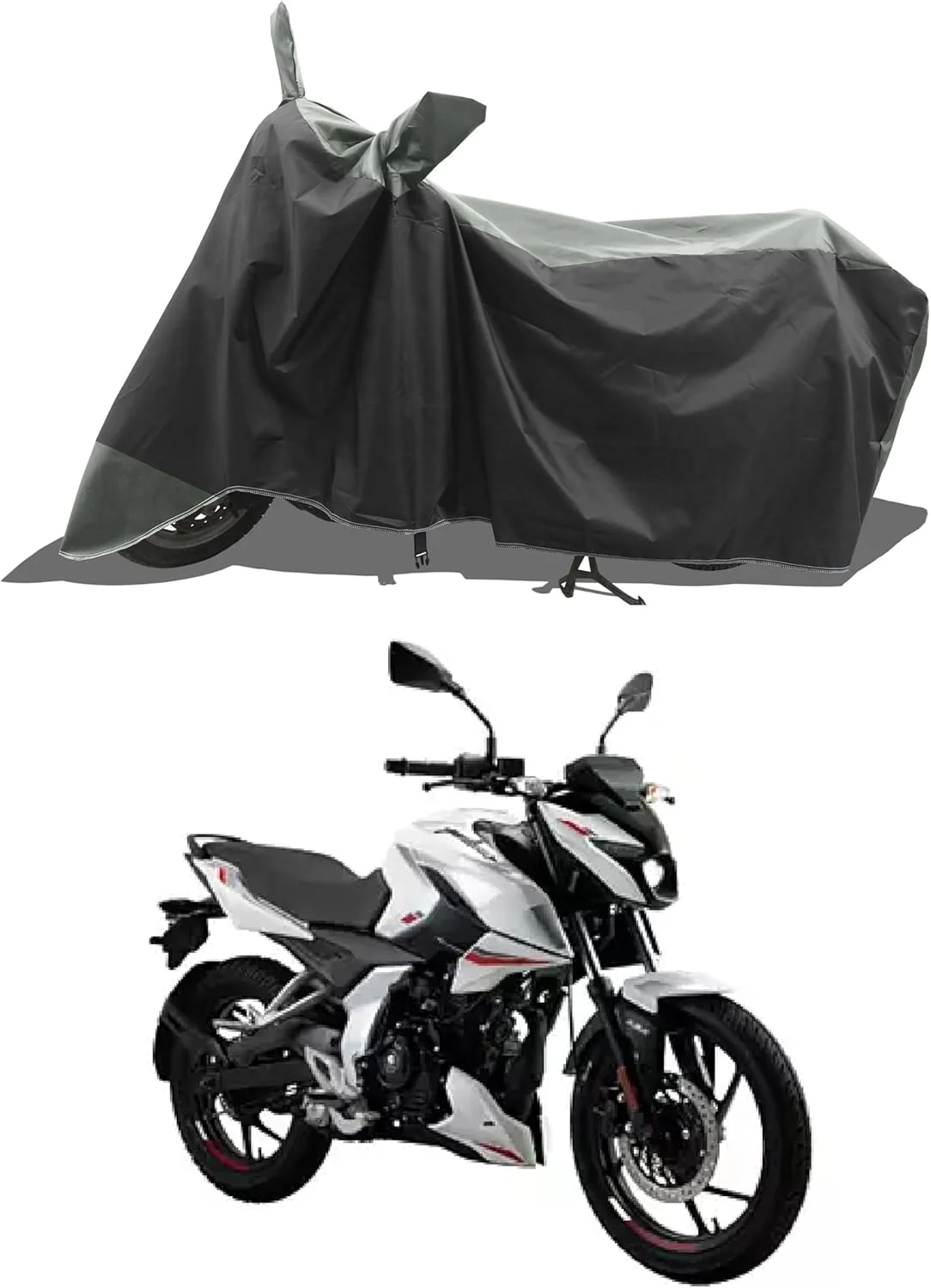 روکش موتورسیکلت مناسب برای Bajaj Pulsar N150، مقاوم در برابر آب و گرد و غبار، پارچه با کیفیت 190T، طرح راه راه خاکستری