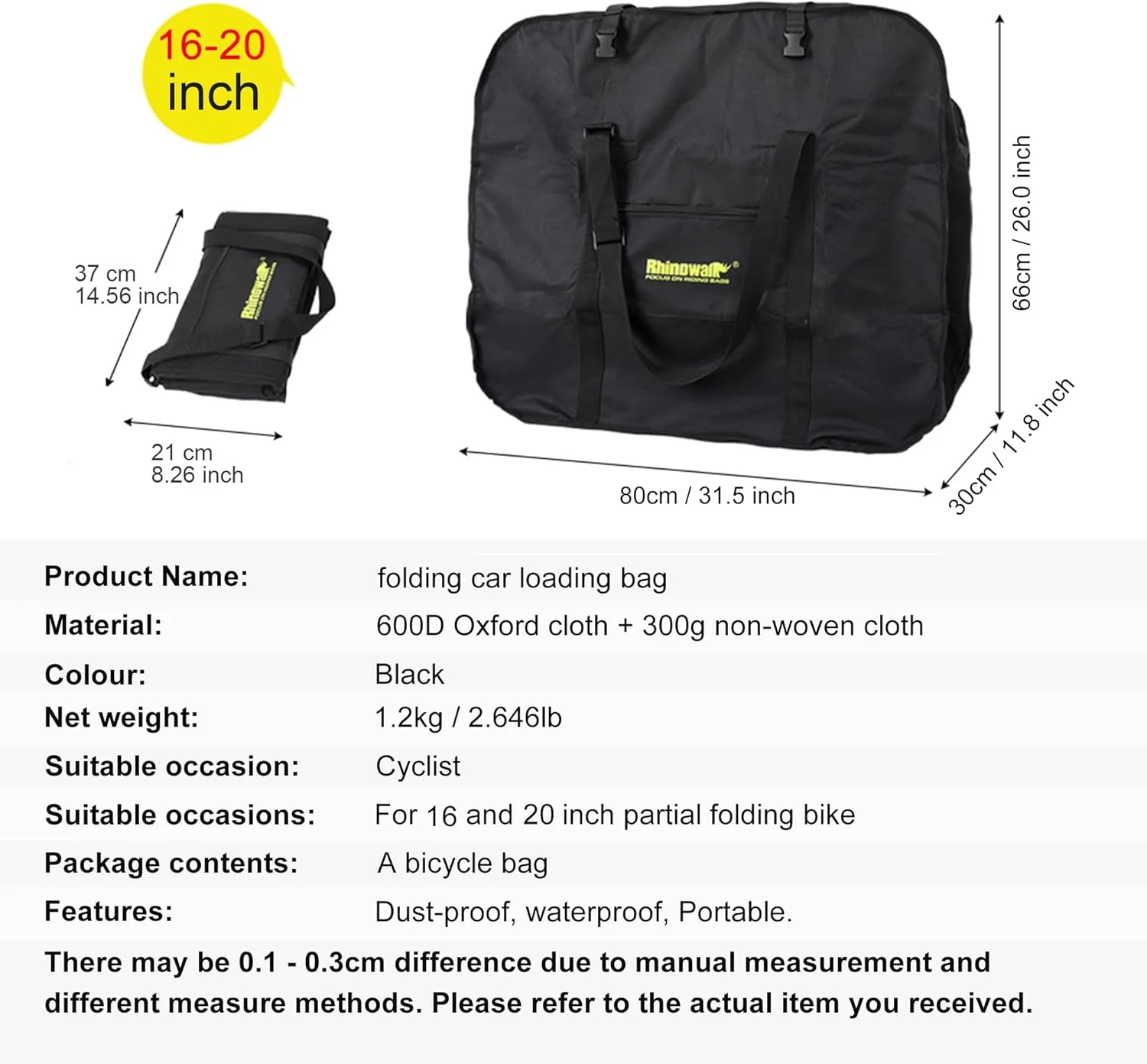 کیف حمل دوچرخه تاشو Rhinowalk برای دوچرخه‌های تاشو 20 اینچی - کیف حمل ضد آب دوچرخه برای مسافرت، حمل و نقل دوچرخه در فضای باز برای ماشین، قطار و هواپیما (مشکی 20 اینچ)