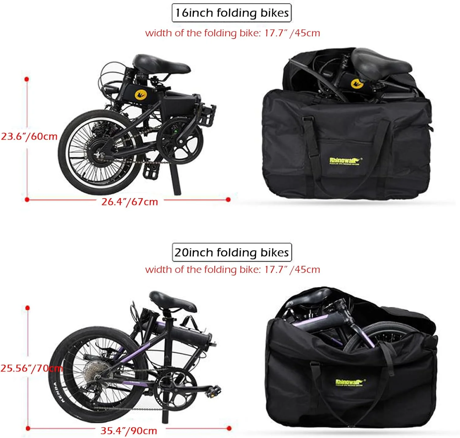 کیف حمل دوچرخه تاشو Rhinowalk برای دوچرخه‌های تاشو 20 اینچی - کیف حمل ضد آب دوچرخه برای مسافرت، حمل و نقل دوچرخه در فضای باز برای ماشین، قطار و هواپیما (مشکی 20 اینچ)