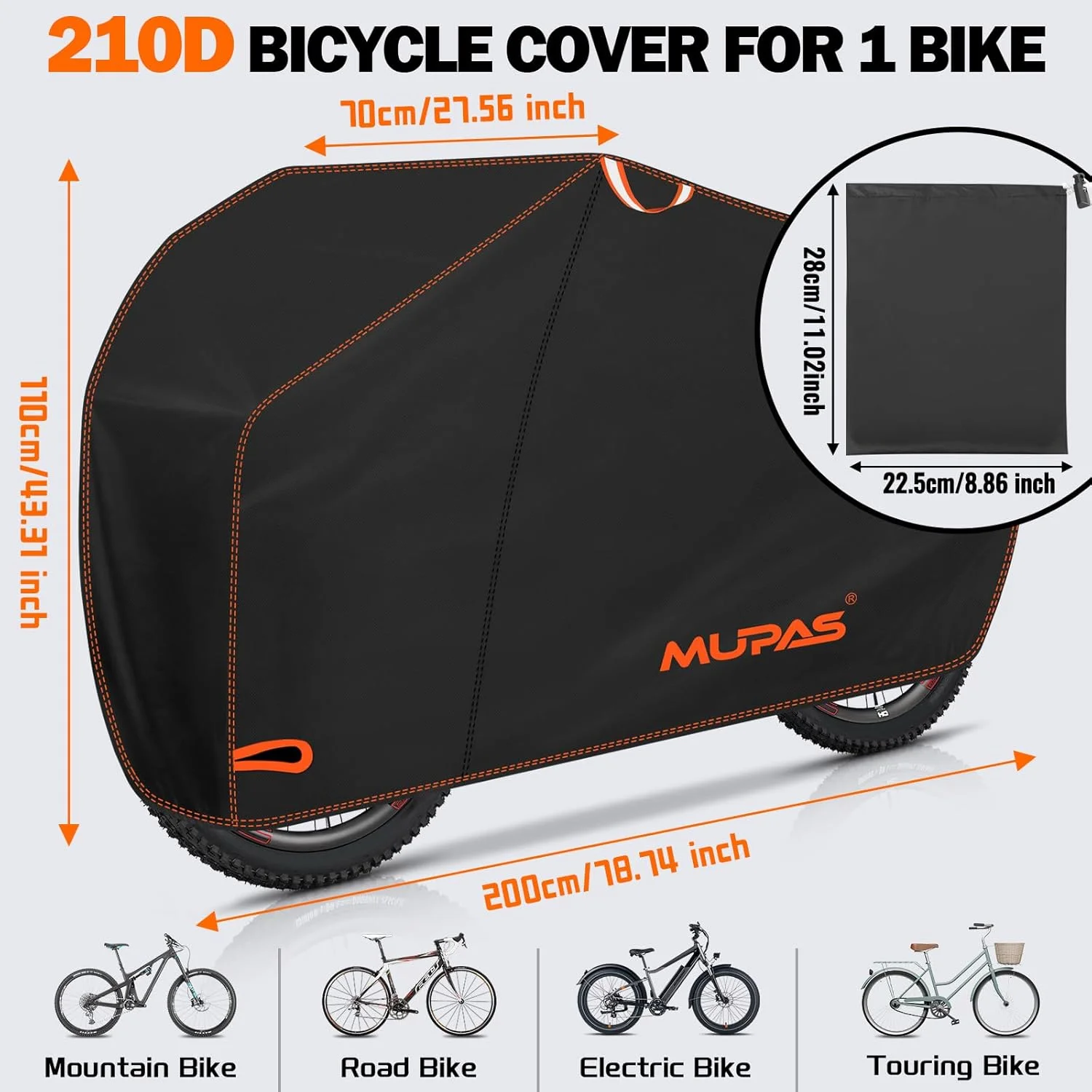 روکش ضدآب دوچرخه، پارچه آکسفورد 210D، گاراژ ضد آب دوچرخه، برزنت دوچرخه 200 x 110 x 70 سانتی متر، مناسب فضای باز، ضدآب، مقاوم در برابر پارگی، ضد گرد و غبار، دارای راهنمای قفل