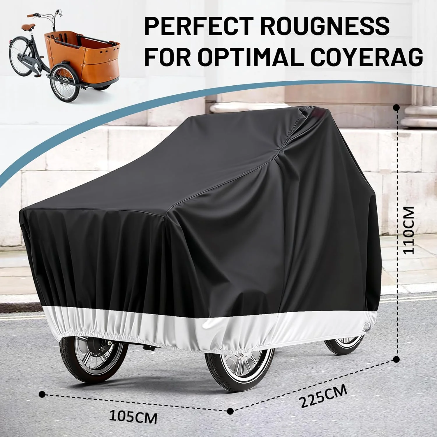 روکش دوچرخه باری، ساخته شده از مواد بادوام 420D، روکش ضدآب دوچرخه، درزهای داخلی جوش داده شده، گاراژ دوچرخه برای برزنت دوچرخه باری، روکش محافظ سه چرخه، ضدآب