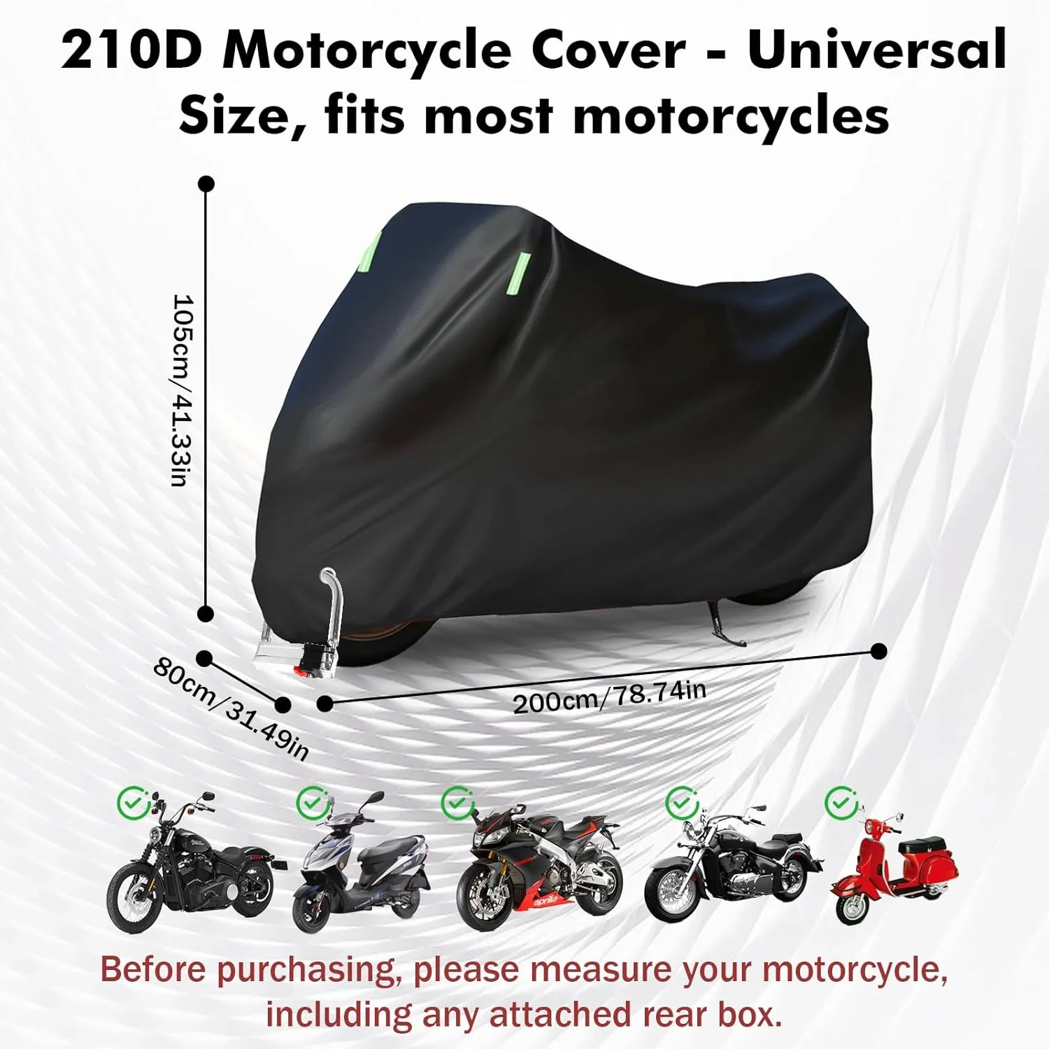 روکش موتور سیکلت JTENGYAO، آکسفورد 210D ضد آب مناسب فضای باز با سوراخ های قفل و سگک های ضد باد، پوشش دهنده تمام شرایط آب و هوایی برای موتور اسکوتر خیابانی/آفرود/اسکرامبل (200x105x80 سانتی متر)