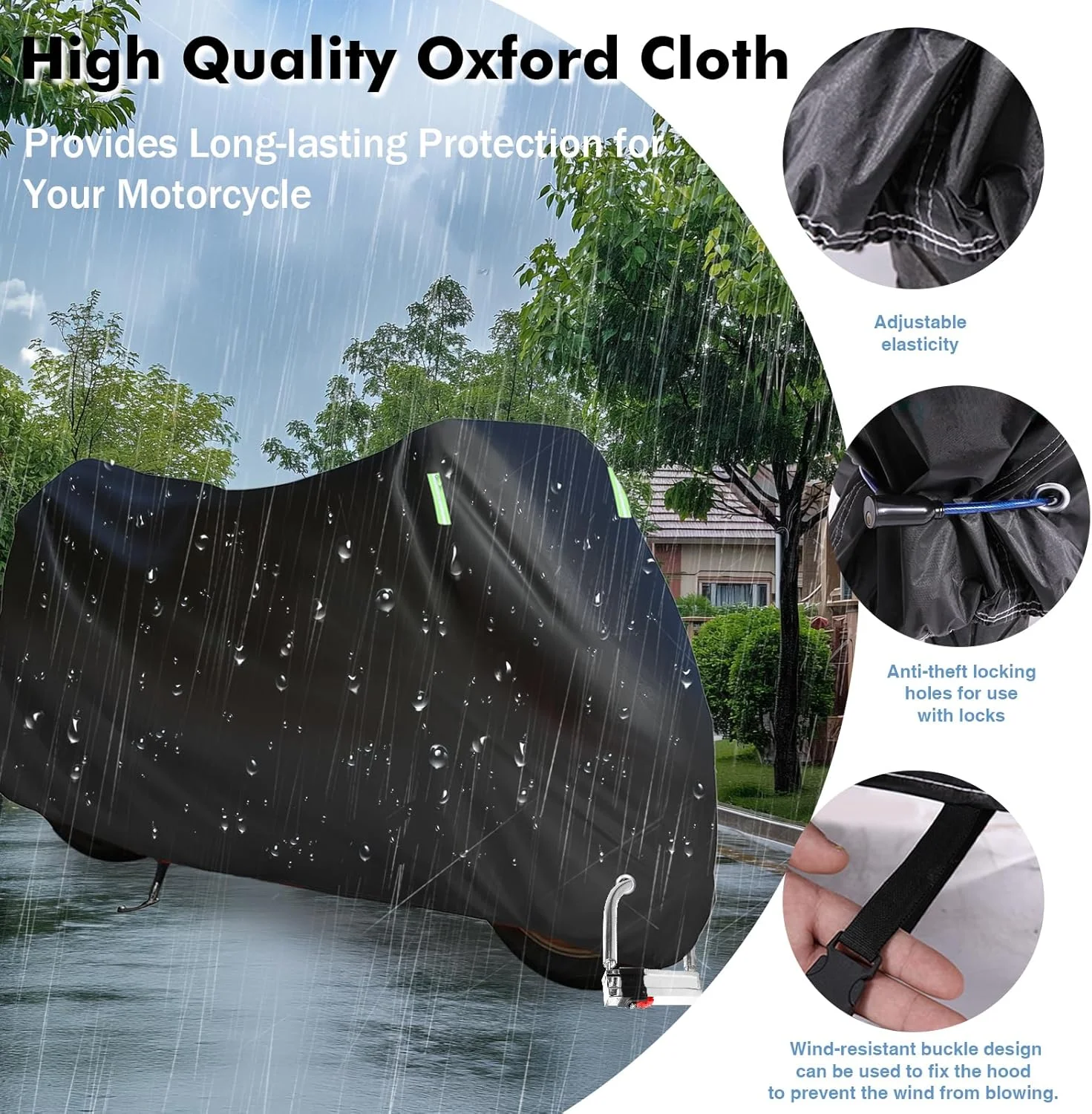 روکش موتور سیکلت JTENGYAO، آکسفورد 210D ضد آب مناسب فضای باز با سوراخ های قفل و سگک های ضد باد، پوشش دهنده تمام شرایط آب و هوایی برای موتور اسکوتر خیابانی/آفرود/اسکرامبل (200x105x80 سانتی متر)