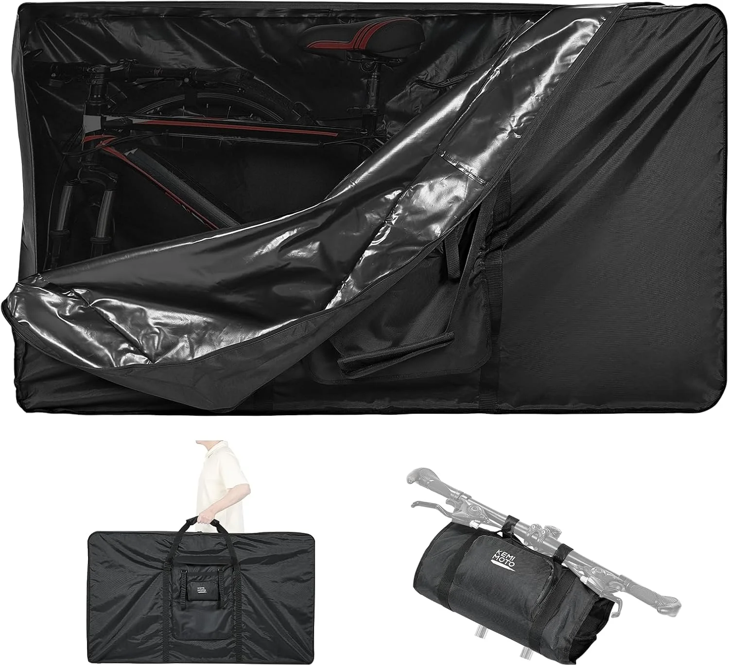 کیف حمل دوچرخه KEMIMOTO مناسب برای دوچرخه کوهستان 26 تا 29 اینچ، کیف تاشو بسیار مقاوم 900D، جعبه حمل دوچرخه MTB با چرخ برای مسافرت هوایی ضد آب، کیف نگهداری و حمل دوچرخه