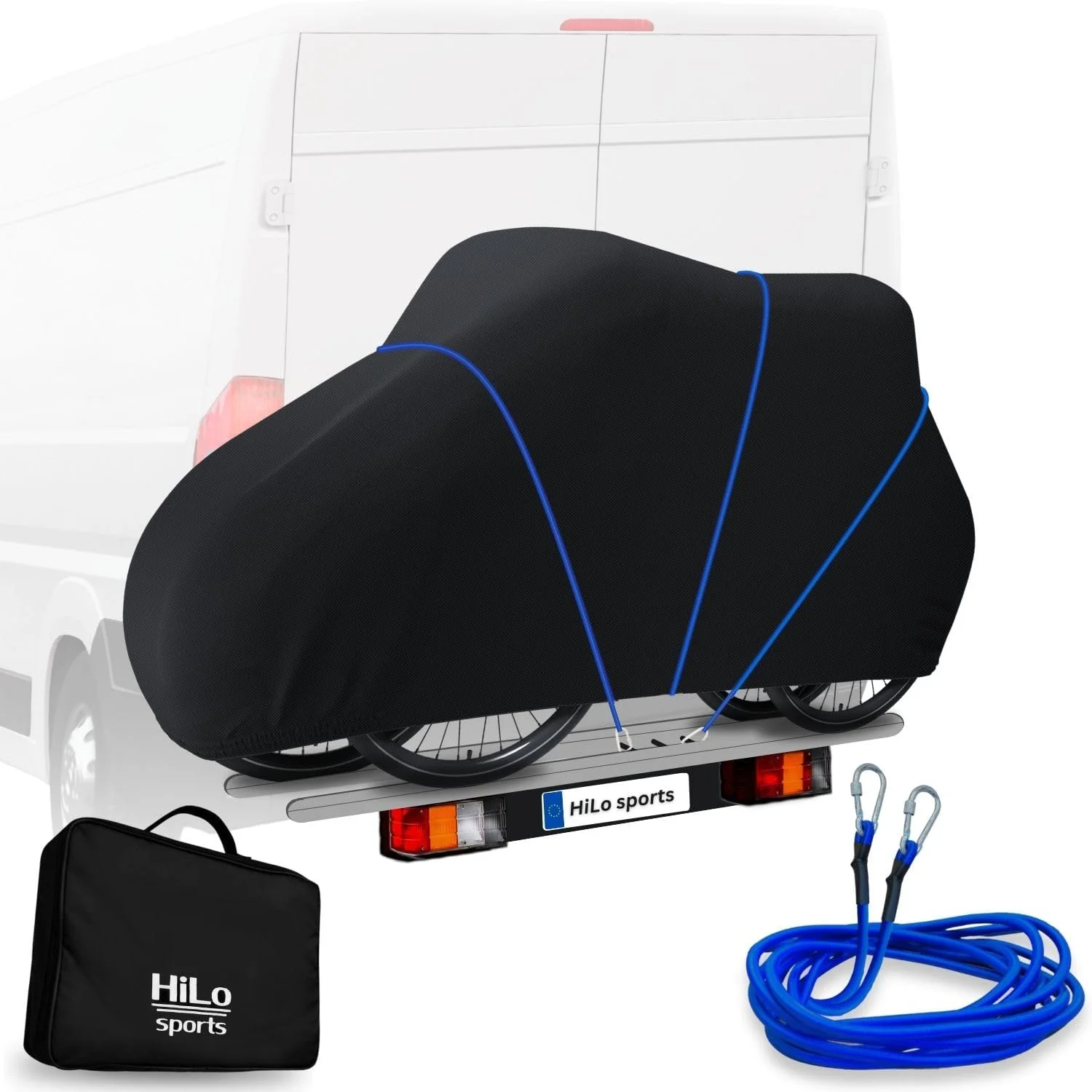 روکش مقاوم در برابر پارگی دوچرخه HiLo sports برای حمل کننده عقب برای 2 دوچرخه - [همراه با طناب 6 متری] - محافظت ضد آب از حمل و نقل دوچرخه و دوچرخه برقی - ساخته شده از ریپ استاپ 600D - روکش محافظ دوچرخه برای