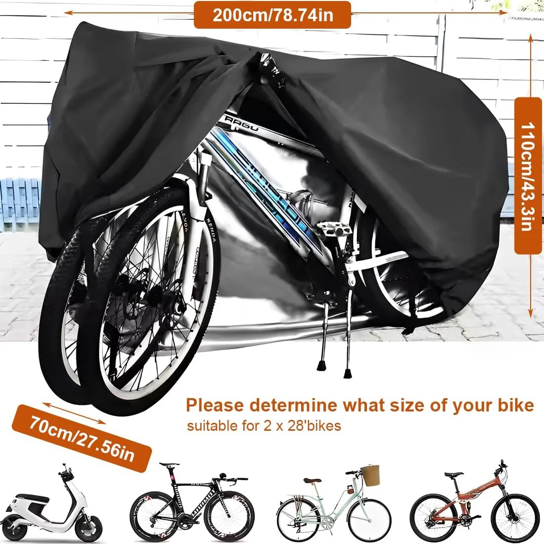 روکش ضدآب دوچرخه برای فضای باز، پارچه برزنتی ضدآب 210D برای دوچرخه در فضای باز، 200 x 110 x 70 سانتی متر، برای همه دوچرخه ها، با سوراخ قفل (XL)