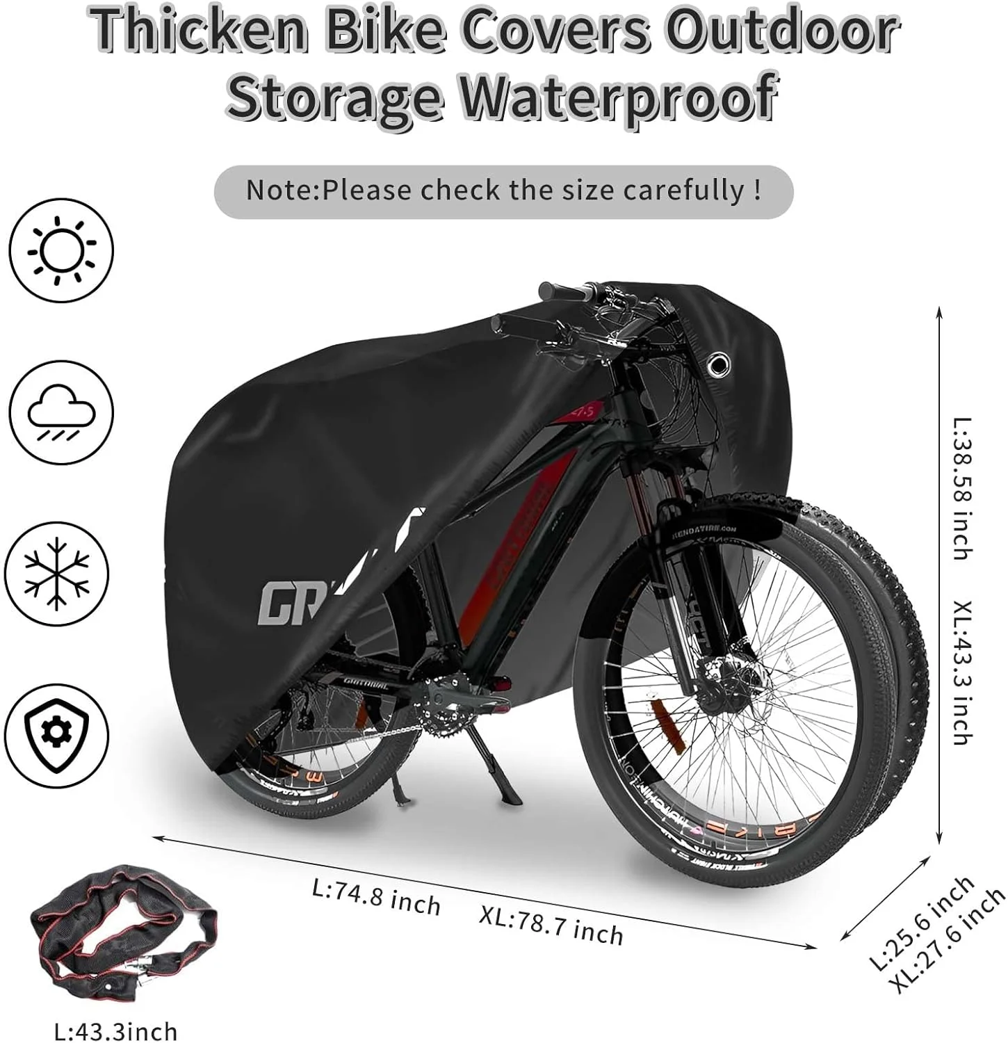 روکش دوچرخه مناسب برای نگهداری در فضای باز، ضد آب، قابل استفاده برای دوچرخه، دوچرخه برقی، موتورسیکلت و دوچرخه کوهستان. دارای سه رنگ و دو سایز. این روکش دوچرخه مجهز به قفل زنجیری رک دوچرخه است.