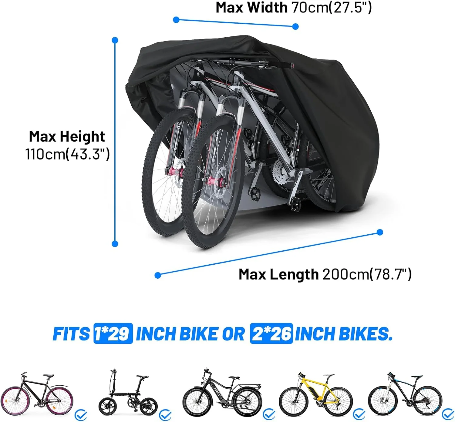 روکش ضدآب دوچرخه Favoto مناسب فضای باز - روکش دوچرخه برای ۱ یا ۲ دوچرخه مناسب نگهداری در فضای باز، ضد باران، گرد و غبار و آفتاب، دارای سوراخ قفل و سگک ضد باد برای دوچرخه های کوهستانی، جاده ای و برقی