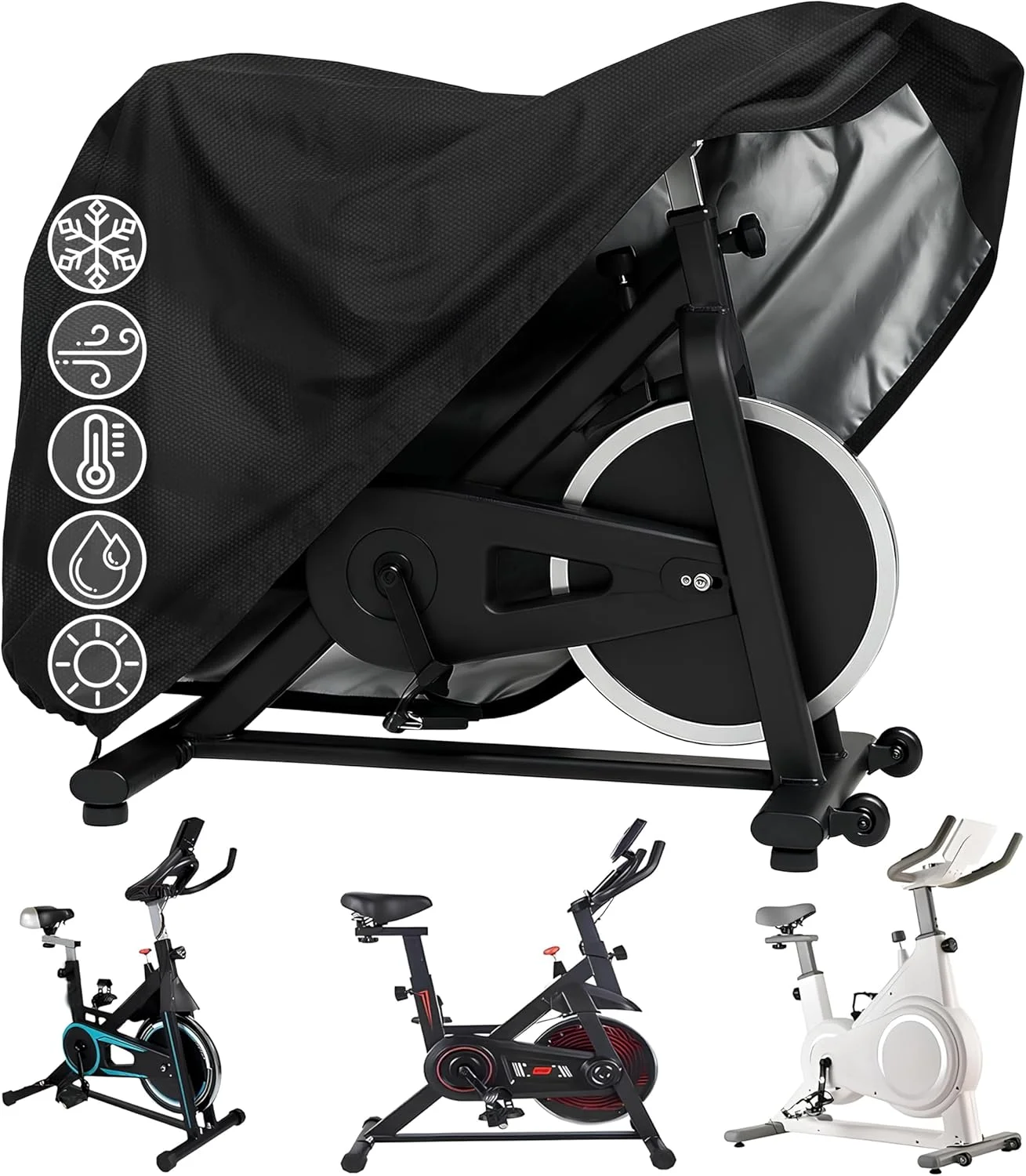 روکش دوچرخه ورزشی، روکش ضد آب دوچرخه ثابت برای داخل و خارج از منزل، روکش دوچرخه تناسب اندام با بند کشی، محافظت در برابر اشعه ماوراء بنفش، دارای کیف نگهداری، 142x124x58 سانتی متر، مشکی