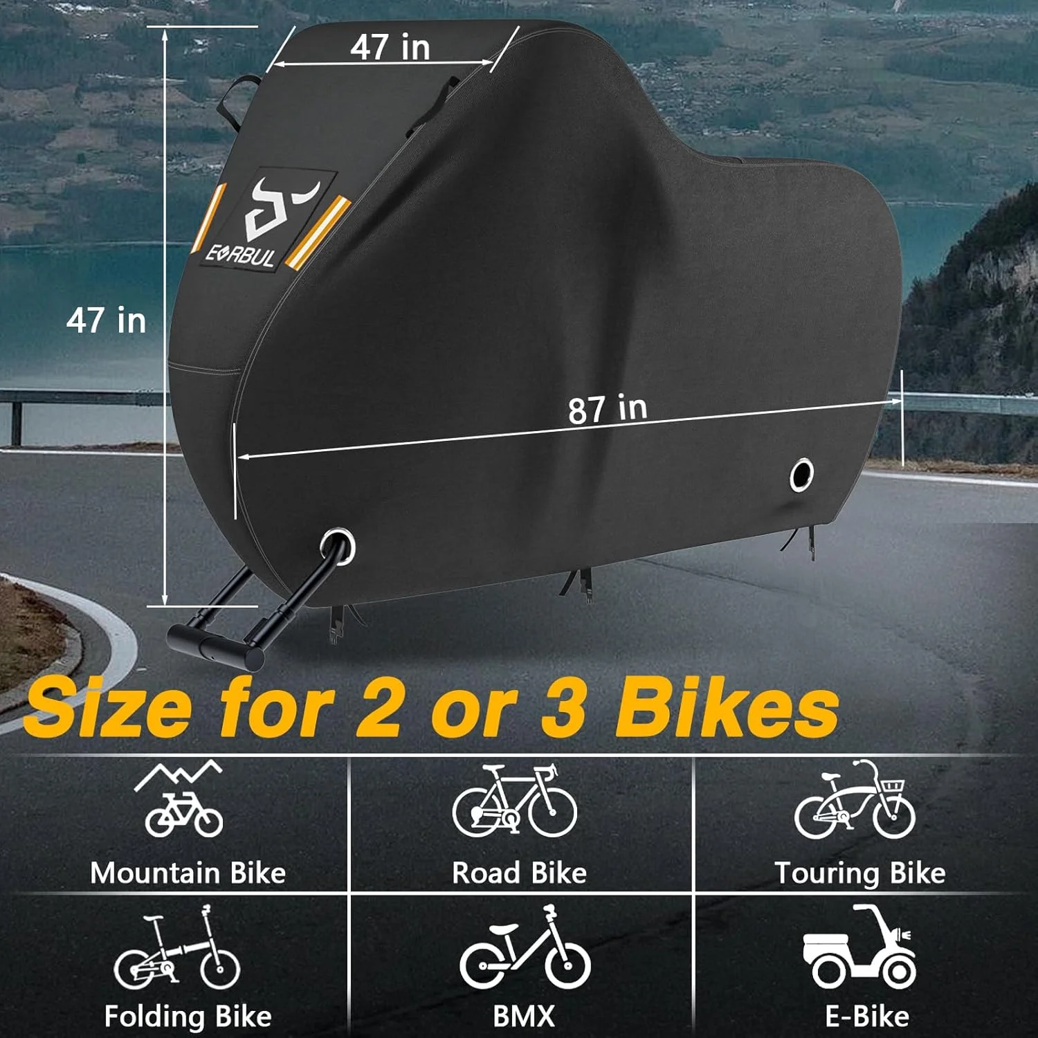 روکش دوچرخه برای 2 یا 3 دوچرخه، 221 سانتی‌متر طول × 119 سانتی‌متر عرض × 119 سانتی‌متر ارتفاع، روکش ضدآب دوچرخه برای فضای باز با سوراخ قفل، پارچه ضخیم و مقاوم 420D ضد باران، آفتاب، اشعه ماوراء بنفش، گرد و غبار و باد برای دوچرخه کوهستان، دوچرخه جاده، دوچرخه برقی