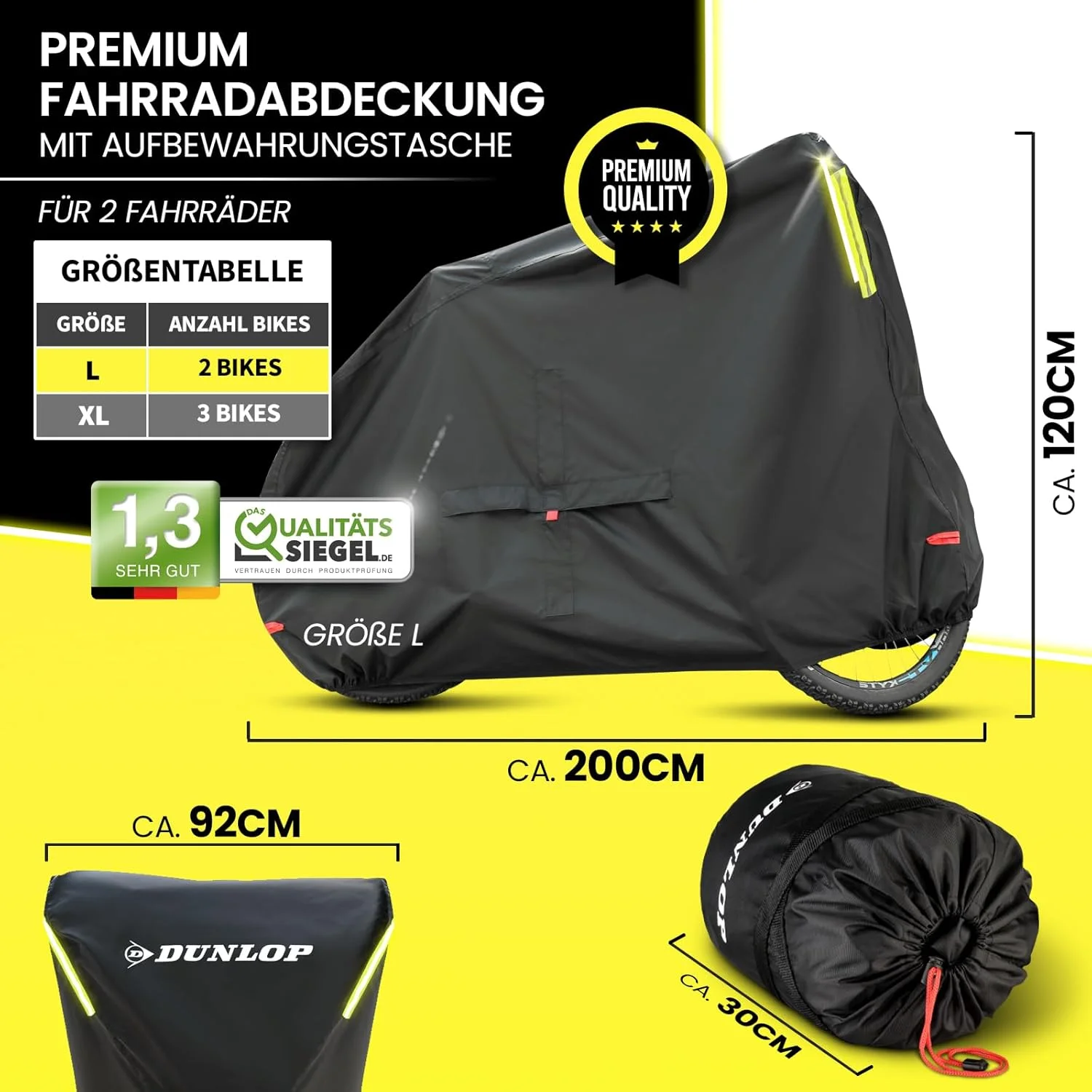 محافظ دوچرخه دانلوپ برای ۲ دوچرخه - روکش دوچرخه با کیفیت عالی ضد زنگ ۲۰۰ x ۹۲ x ۱۲۰ سانتی متر به همراه کیف حمل، دسترسی به باتری و ۲ محل عبور قفل | روکش محافظ دوچرخه (L - ۲ دوچرخه)