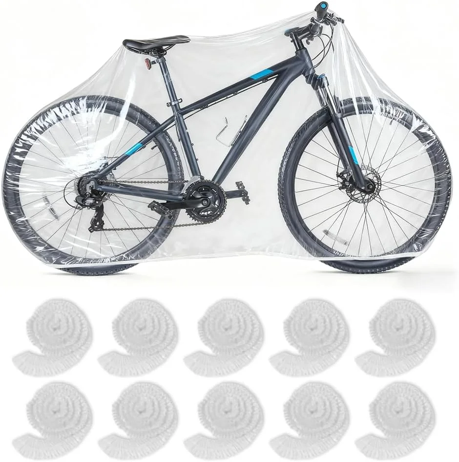 روکش دوچرخه یکبار مصرف شفاف، محافظت ضد آب در برابر گرد و غبار، روکش باران برای فضای باز، کیسه نگهداری گاراژ برای دوچرخه های کوهستانی، اسکوترهای برقی، موتورسیکلت ها، 95 اینچ، 10 عدد
