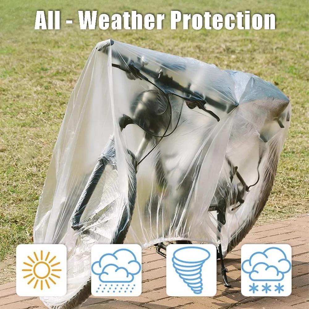 روکش دوچرخه یکبار مصرف شفاف، محافظت ضد آب در برابر گرد و غبار، روکش باران برای فضای باز، کیسه نگهداری گاراژ برای دوچرخه های کوهستانی، اسکوترهای برقی، موتورسیکلت ها، 95 اینچ، 10 عدد