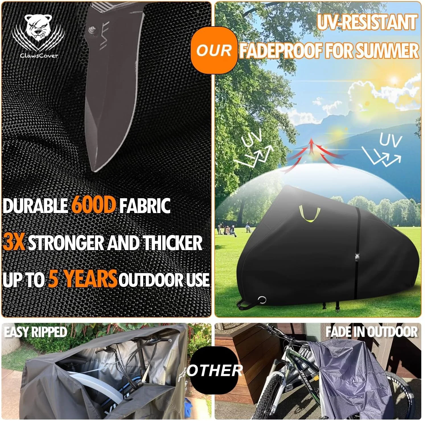 روکش دوچرخه ClawsCover برای نگهداری در فضای باز، ضد آب برای 2 دوچرخه، پلی استر 600D بادوام، ضد اشعه ماوراء بنفش، روکش مقاوم در برابر آب و هوا برای دوچرخه های برقی، بند سگکی، دسته بازتابنده، 82''x36 x43.3