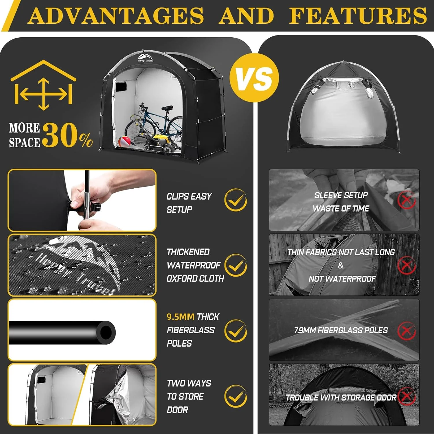 چادر انبار دوچرخه مسافرتی شاد، روکش ضد آب قابل حمل دوچرخه با 30% فضای ذخیره سازی بیشتر در بالا برای 2/3/4/5 دوچرخه، گیره های نصب آسان پناهگاه های فضای باز برای موتور سیکلت، ابزار باغبانی، ماشین چمن زنی چادر انبار دوچرخه مسافرتی شاد، روکش ضد آب قابل حمل دوچرخه با 30% فضای ذخیره سازی بیشتر در بالا برای 2/3/4/5 دوچرخه، گیره های نصب آسان پناهگاه های فضای باز برای موتور سیکلت، ابزار باغبانی، ماشین چمن زنی