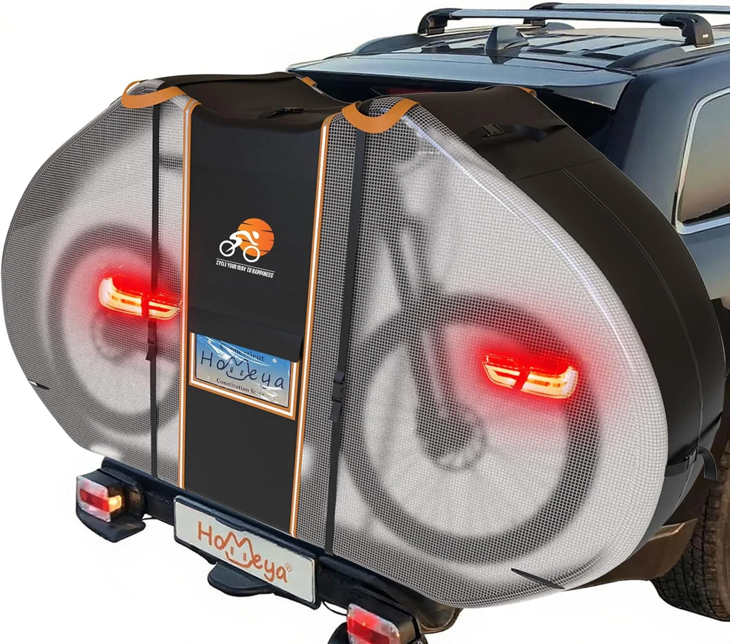 روکش دوچرخه برای حمل و نقل 3 دوچرخه روی باربند عقب، روکش ضدآب دوچرخه برای نگهداری در فضای باز، جنس مقاوم 600D PU با چراغ های عقب قابل مشاهده، پنجره پلاک، نوارهای بازتابنده، دستگیره ها، بندها و زیپ