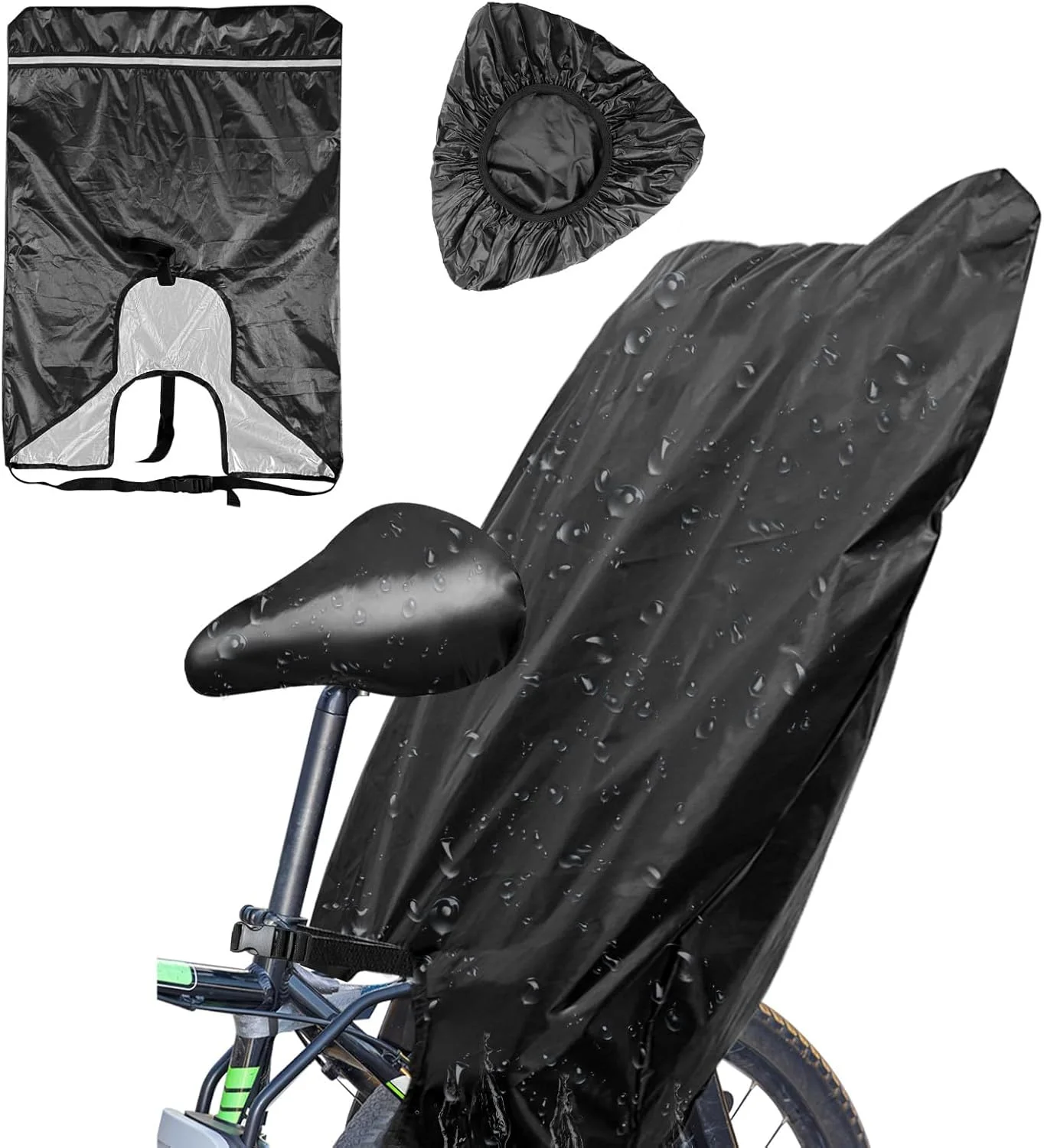 روکش باران صندلی دوچرخه کودک، روکش باران صندلی عقب دوچرخه آکسفورد 420D، روکش باران ضد آب برای صندلی کودک دوچرخه، روکش مشکی برای کودکان با نوارهای بازتابنده برای همه صندلی ها