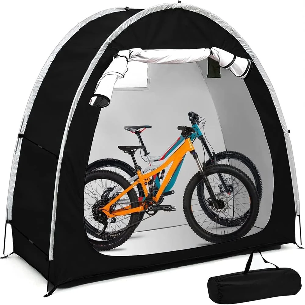 چادر دوچرخه، پناهگاه قابل حمل برای نگهداری دوچرخه، پوشش ضدآب برای 2 دوچرخه یا سه چرخه، چادر ذخیره سازی سنگین با روکش نقره ای از جنس پارچه آکسفورد 210D برای گاراژ، کمپینگ در فضای باز و باغ