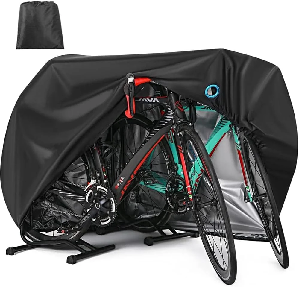 روکش ضدآب دوچرخه برای ۱، ۲ یا ۳ دوچرخه، مناسب برای نگهداری در فضای باز، سایزهای XL و XXL، جنس برزنت ۴۲۰D مقاوم در برابر باران، آفتاب، اشعه UV و باد، مناسب برای دوچرخه های کوهستانی، جاده ای، برقی و غیره