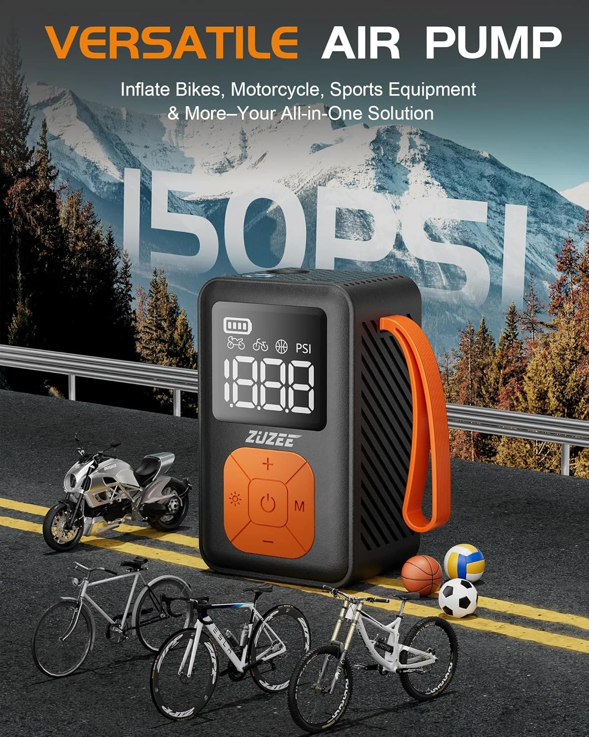 پمپ باد کوچک دوچرخه، پمپ قابل حمل 150 PSI با درجه فشار، 3 برابر سریعتر و توقف خودکار و موتور بدون جاروبک، پمپ برقی تایر دوچرخه با والف پرستا و شرادر برای دوچرخه جاده، MTB، موتور سیکلت، توپ و غیره