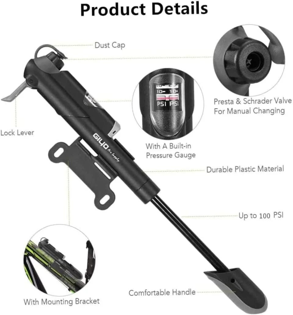 تلمبه مینی دوچرخه زالاتی با فشارسنج 120 PSI قابل حمل برای شرادر و پرستا، مناسب دوچرخه های جاده و کوهستان