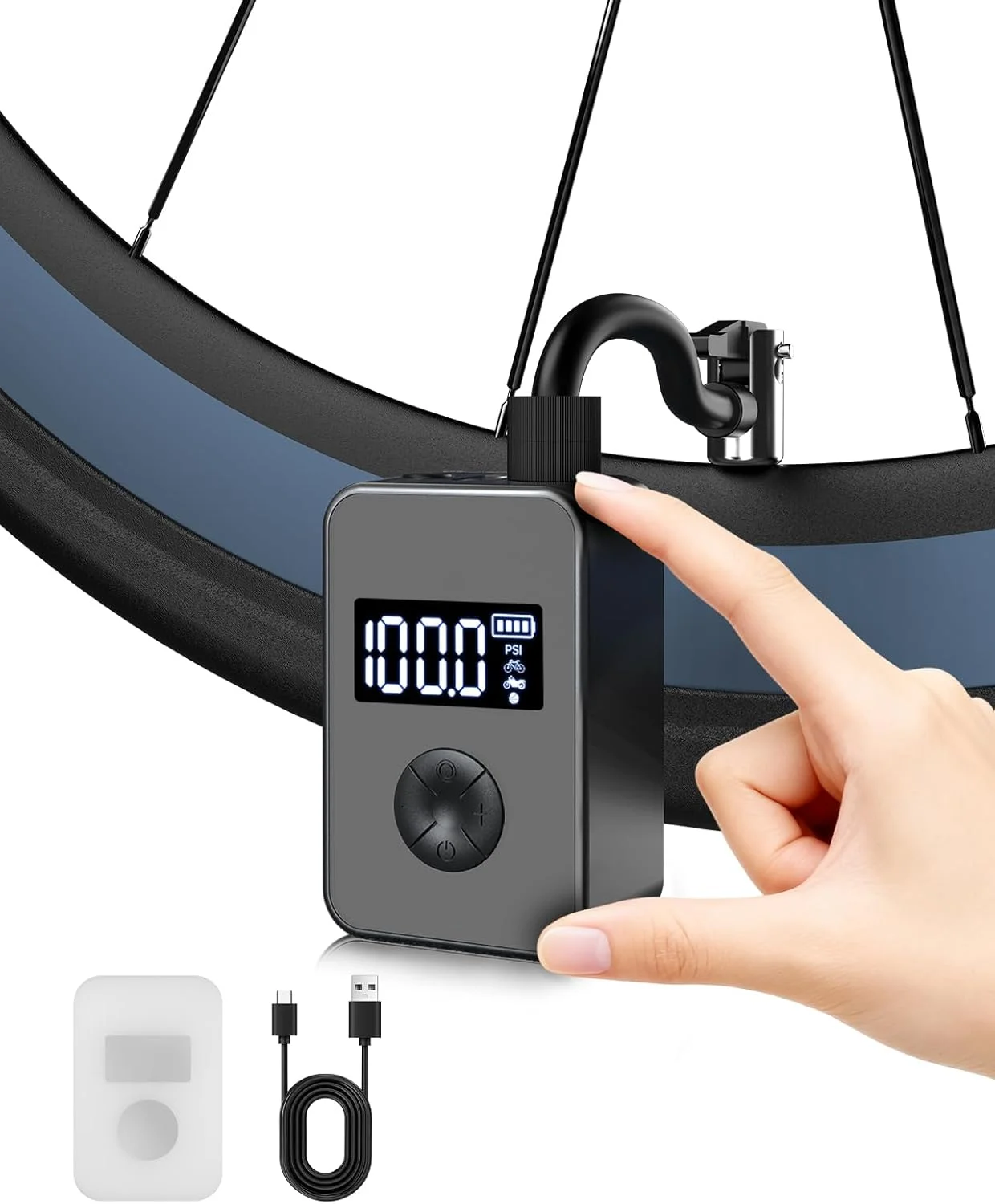 پمپ دوچرخه YANTU با فناوری موتور TurboCore - پمپ برقی استوانه فلزی قابل حمل با فشارسنج، پمپ باد کوچک قابل شارژ برای دوچرخه/موتور سیکلت، پمپ هوا کوچک با چراغ LED