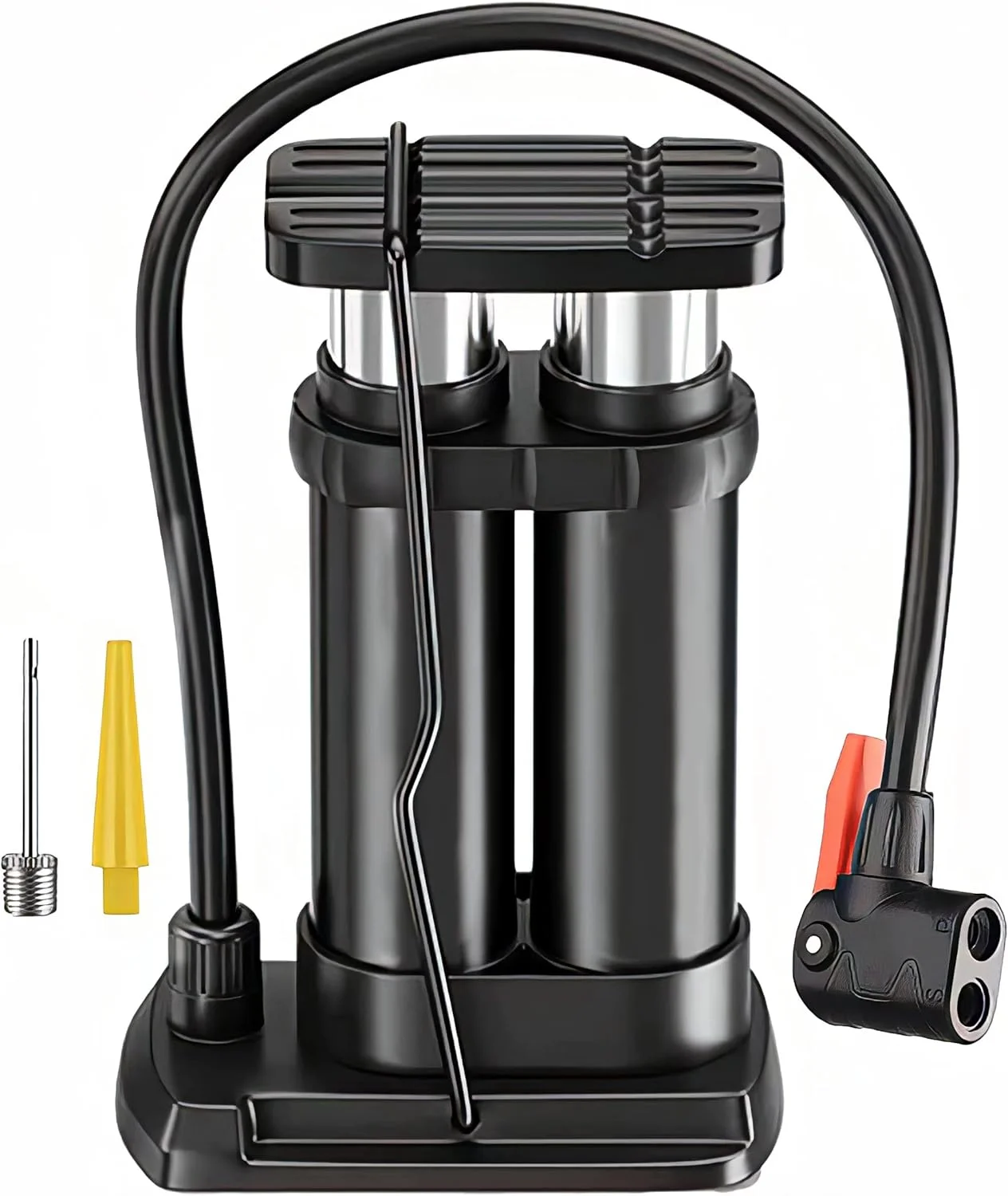 پمپ باد پدالی دو سیلندر قابل حمل برای دوچرخه، پمپ باد کوچک با والف پرستا و شرادر مناسب برای دوچرخه های جاده، کوهستان، تشک بادی و توپ