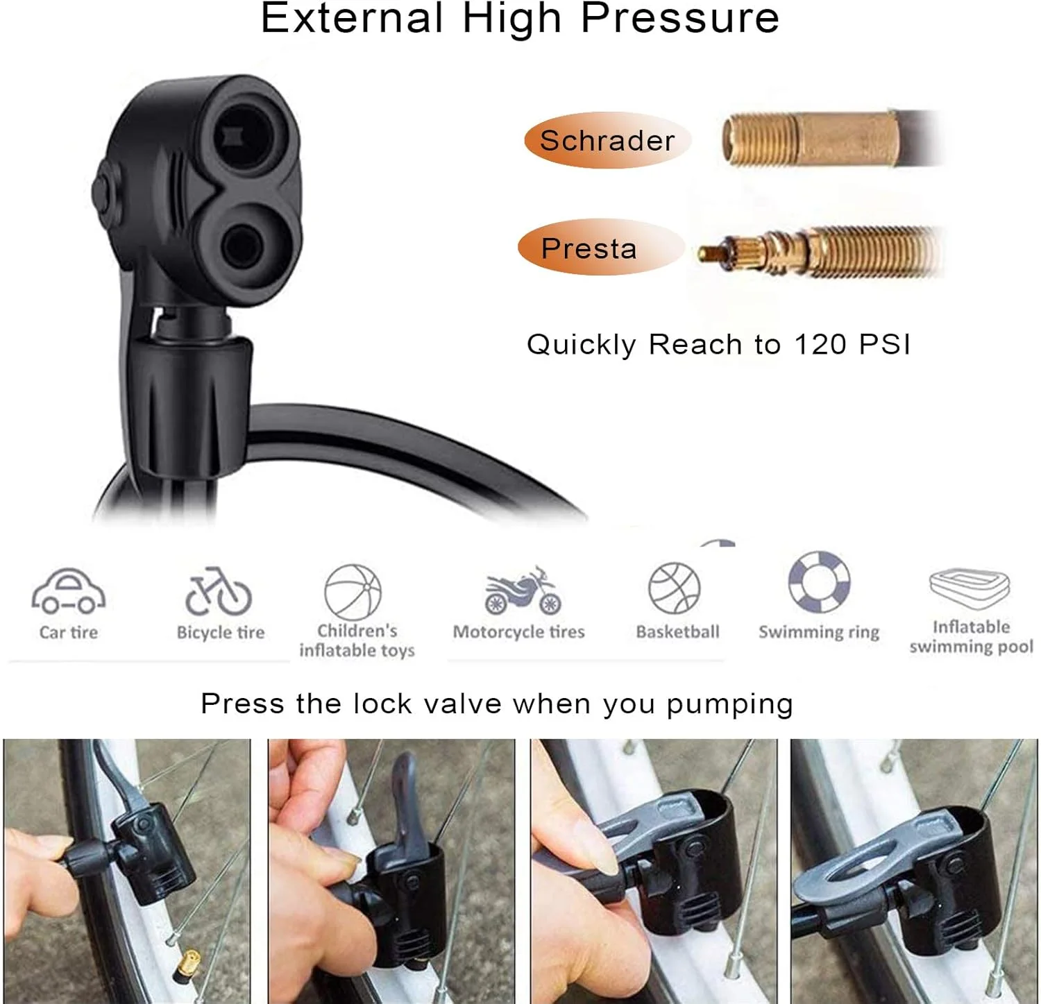 تلمبه پایی دوچرخه با فشار بالا، تلمبه قابل حمل دوچرخه، تلمبه باد دوچرخه ۱۲۰PSI با والف های پرستا و شرادر، تلمبه دوچرخه به همراه سوزن تلمبه توپ، نازل های اسباب بازی بادی برای دوچرخه و بسکتبال