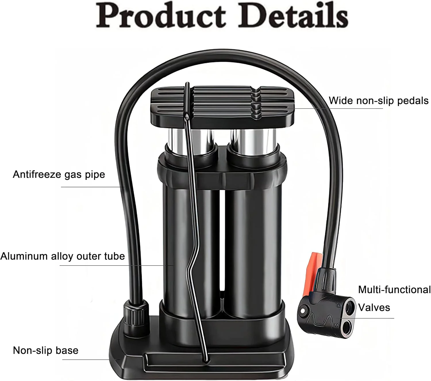 پمپ باد پدالی دو سیلندر قابل حمل برای دوچرخه، پمپ باد کوچک با والف پرستا و شرادر مناسب برای دوچرخه های جاده، کوهستان، تشک بادی و توپ