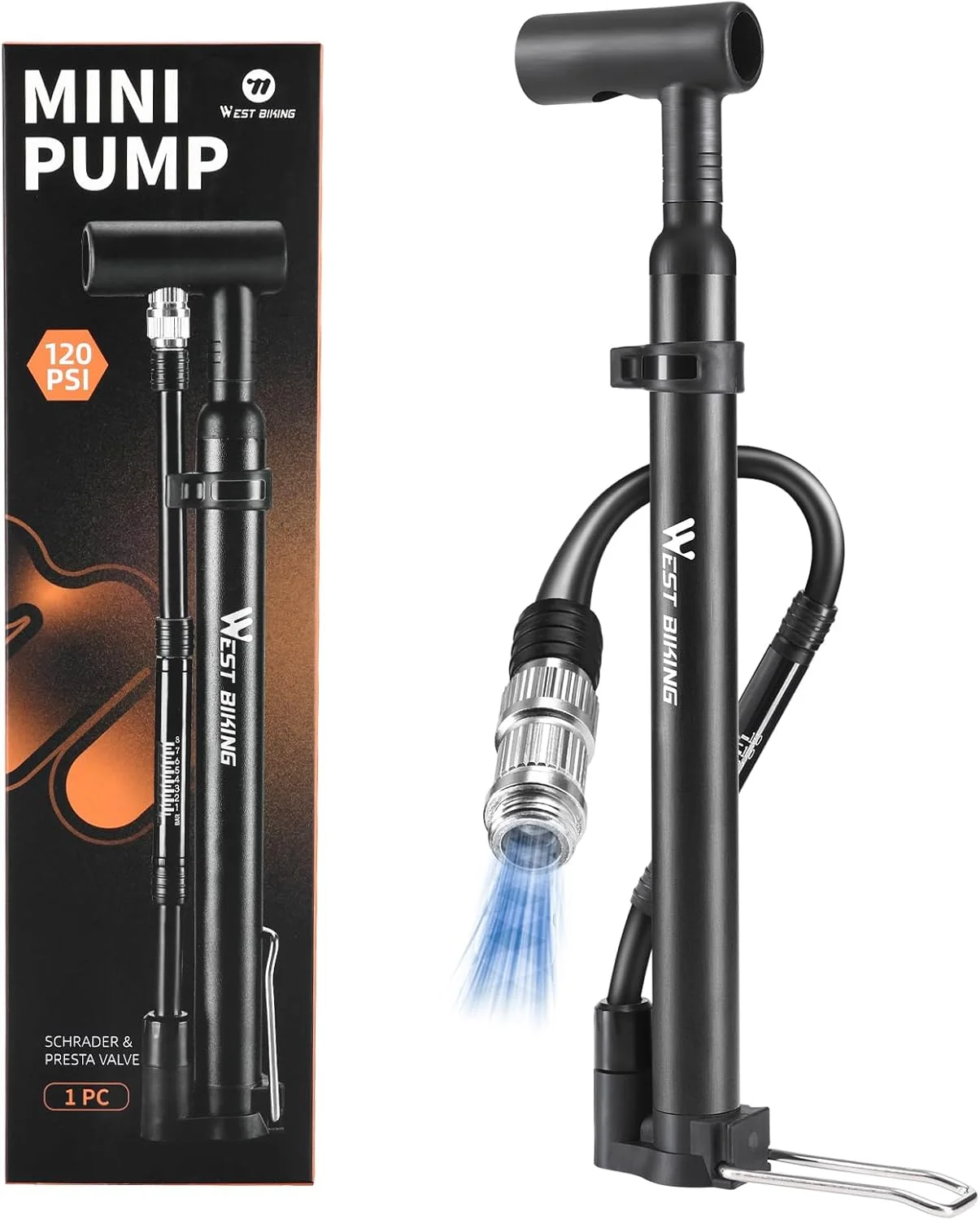 تلمبه زمینی دوچرخه WESTGIRL، تلمبه بادی کوچک با درجه فشار، تلمبه بادی زمینی فشار قوی 120 PSI، تلمبه دوچرخه برای والف های پرستا و شرادر، تلمبه کوچک قابل حمل دوچرخه برای دوچرخه های کوهستانی و جاده ای